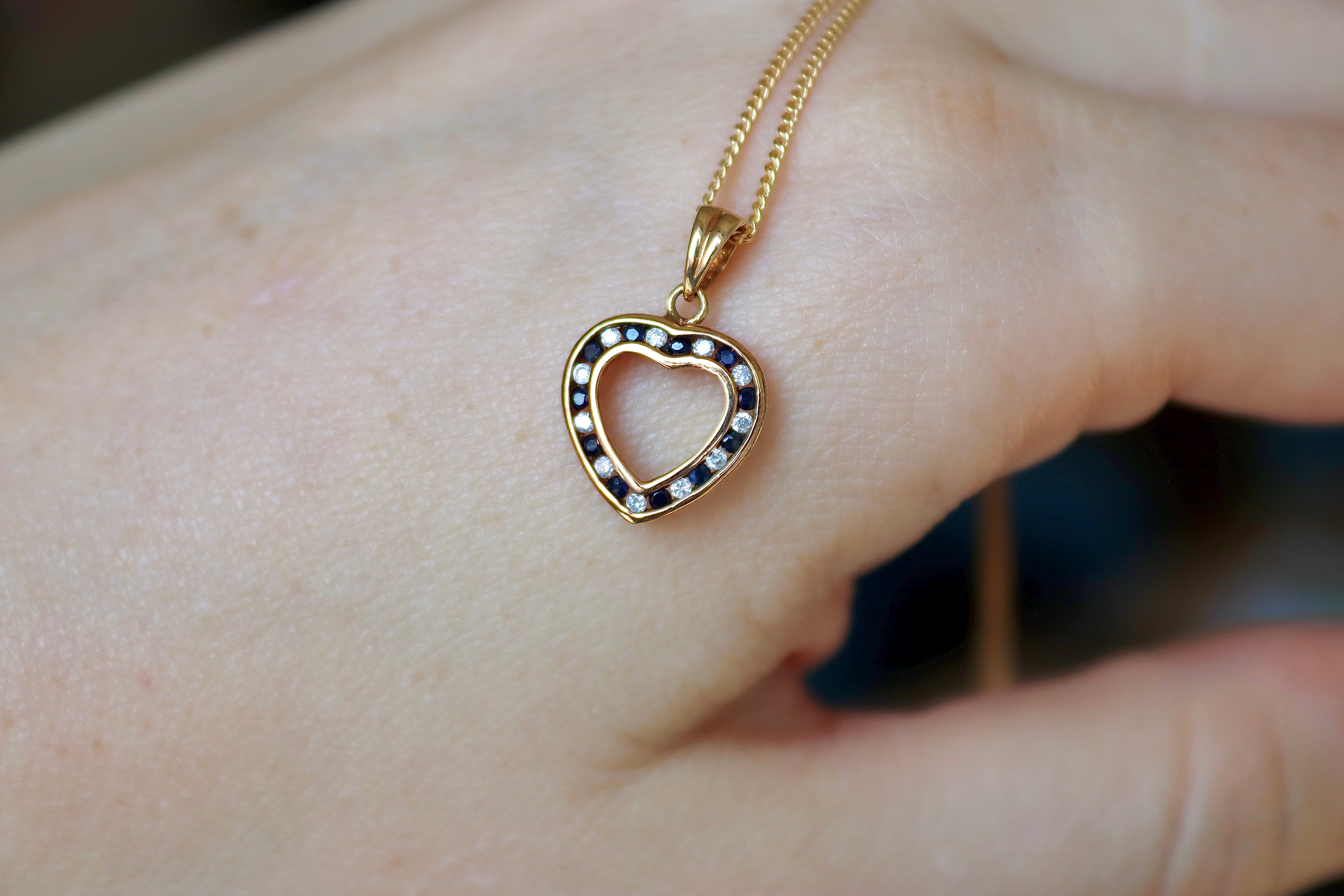9ct Yellow Gold Sapphire and Diamond Channel Set Heart Necklace