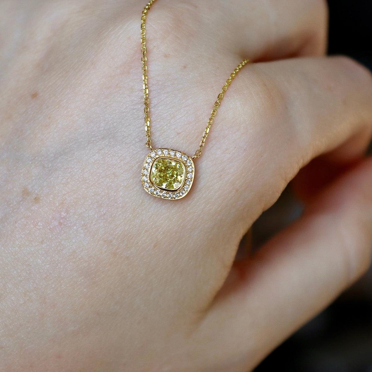 18ct Yellow Gold Fancy Yellow Cushion Diamond Halo Necklace