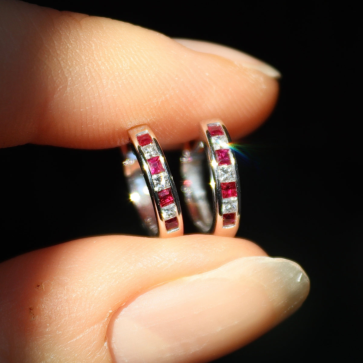 9ct White Gold Sqaure Ruby and Diamond Channel Set Hoop Earrings