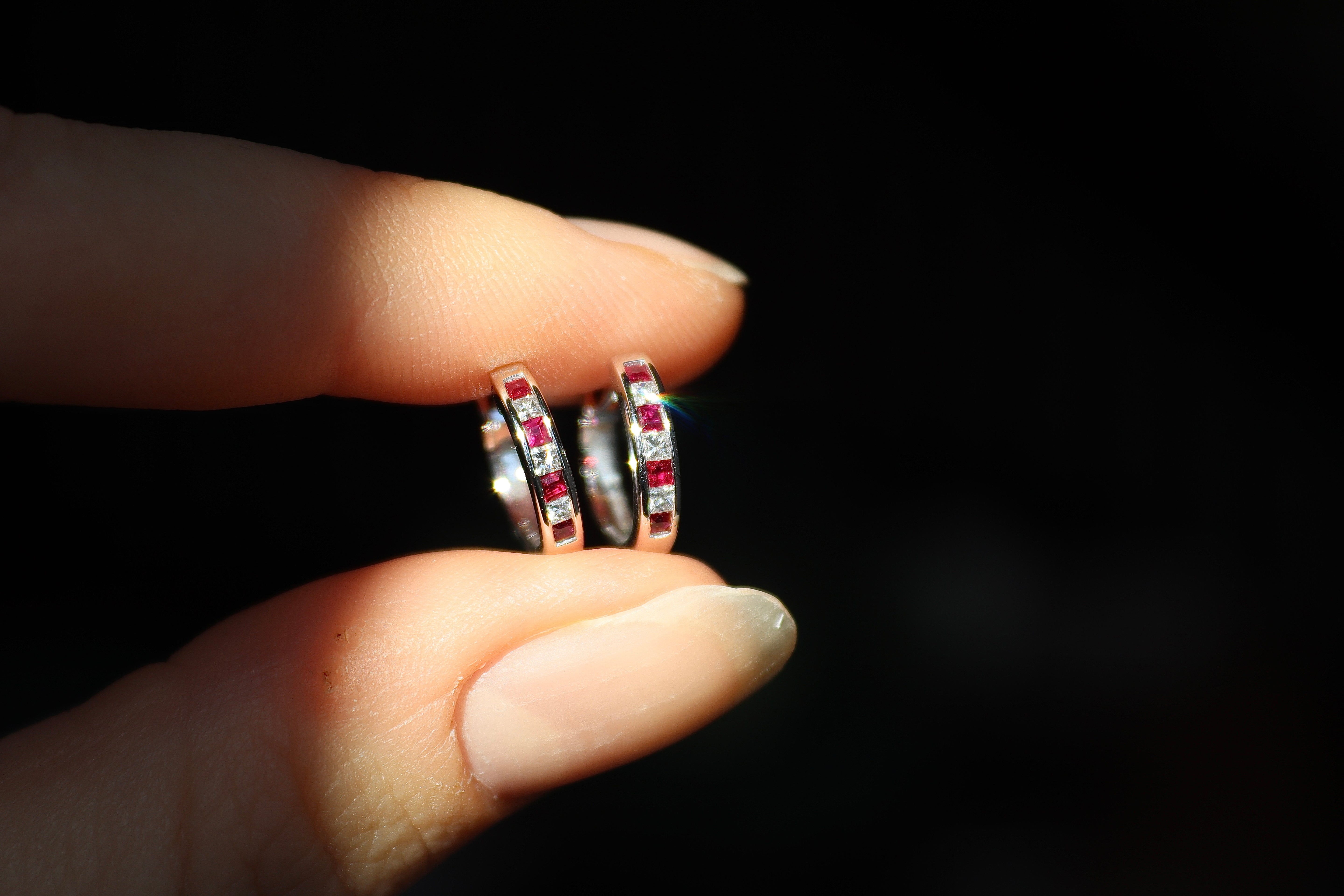 9ct White Gold Sqaure Ruby and Diamond Channel Set Hoop Earrings