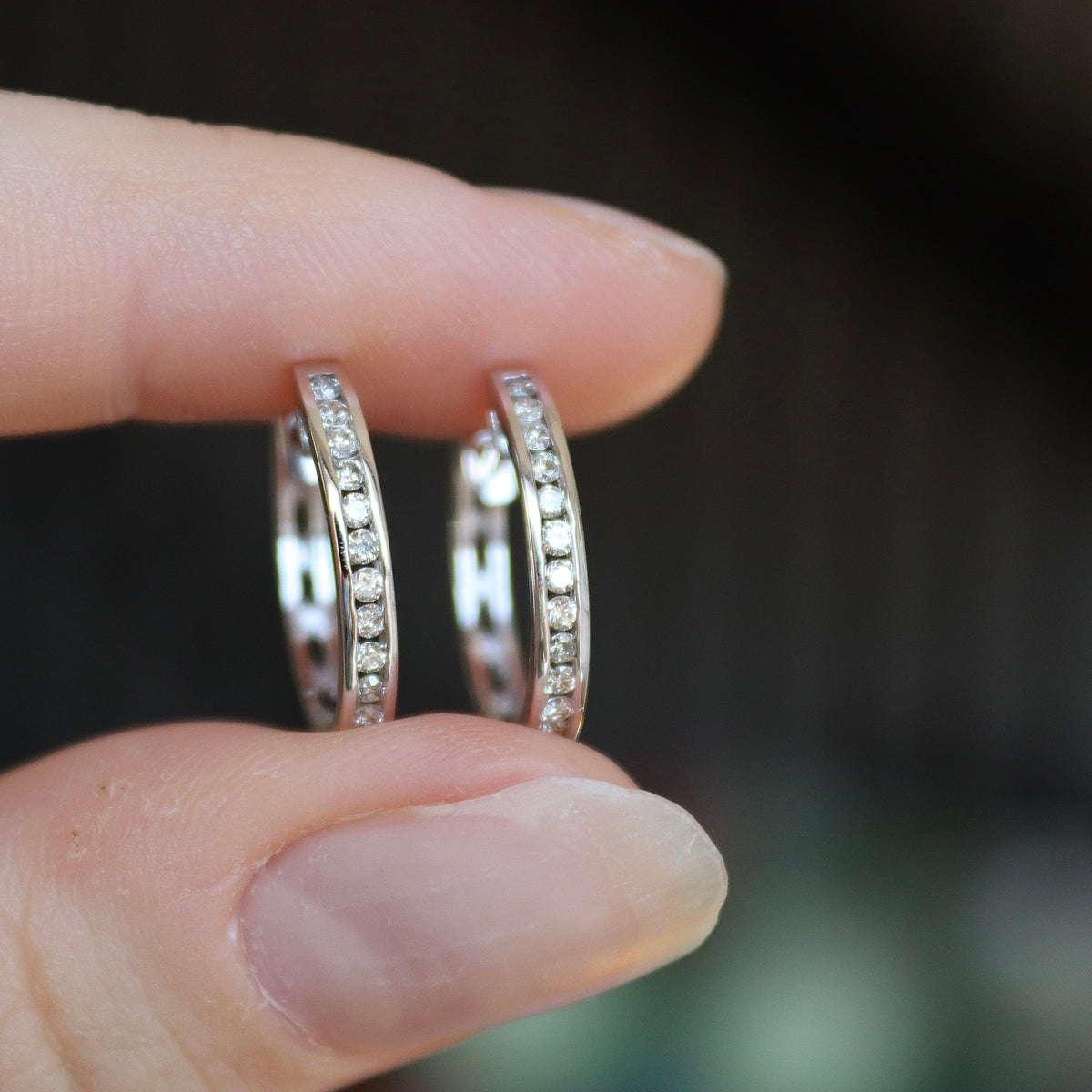 9ct White Gold Channel Set Diamond Hoop Earrings