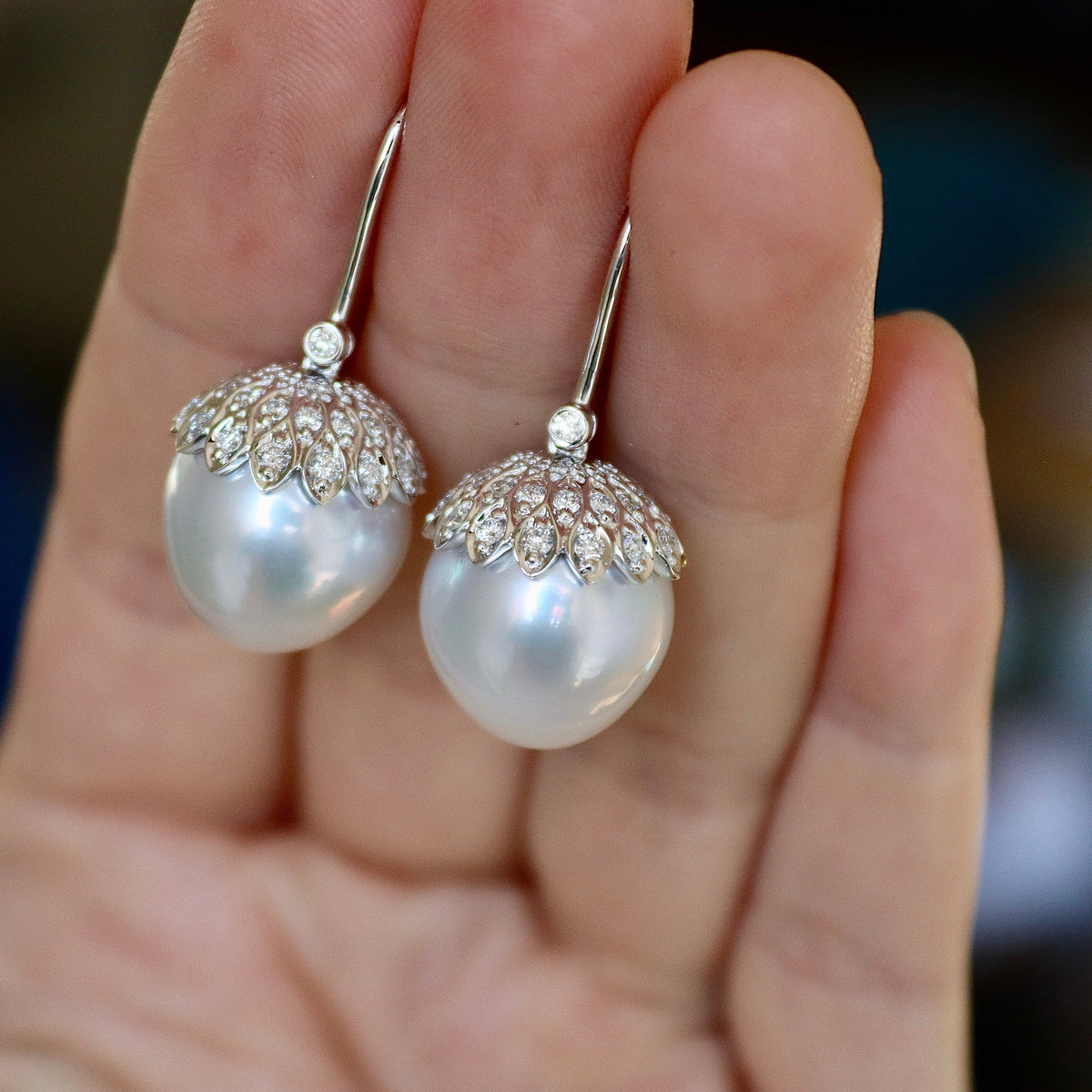 18ct White Gold 14mm South Sea Pearl and Diamond Acorn Style Earrings