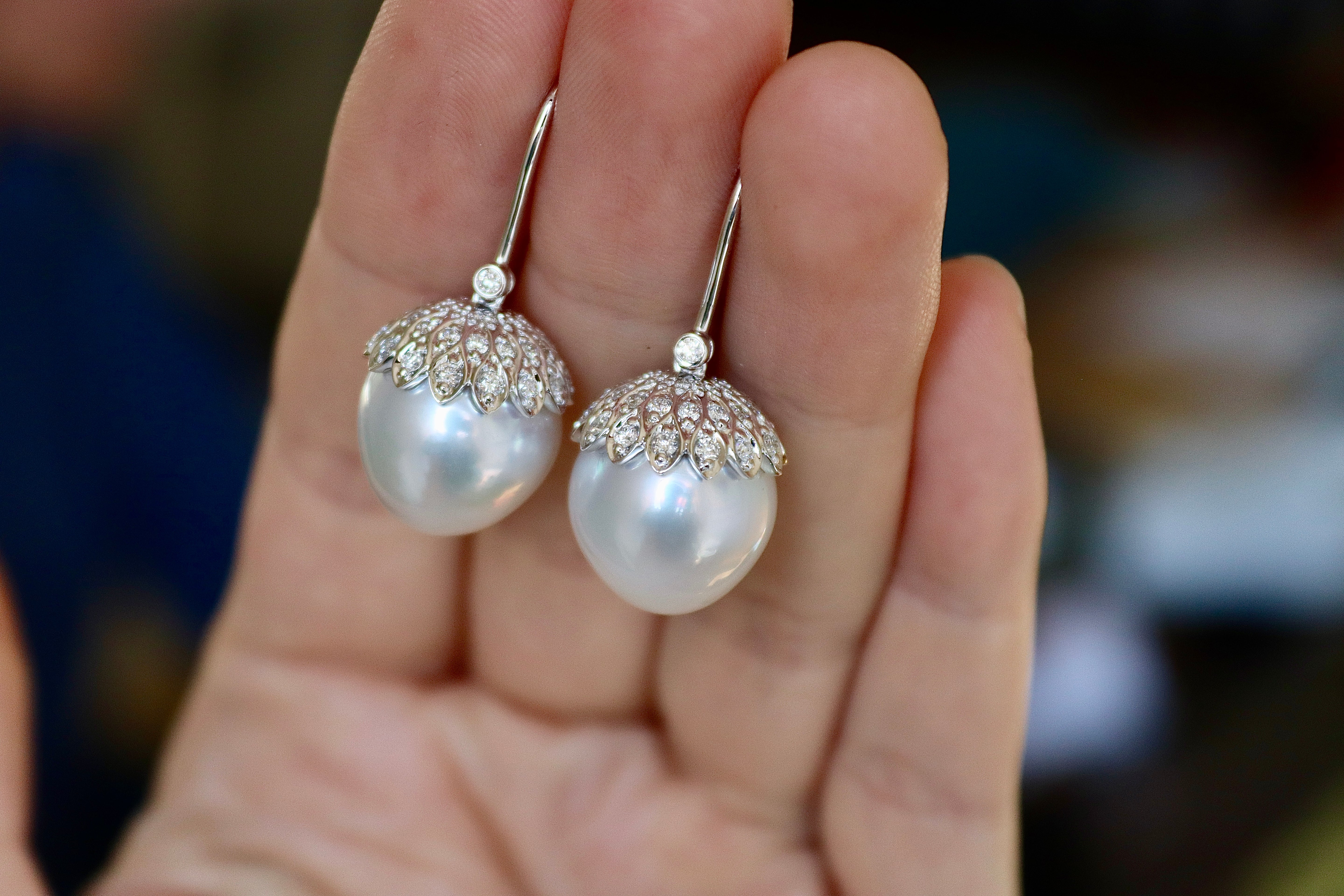 18ct White Gold 14mm South Sea Pearl and Diamond Acorn Style Earrings