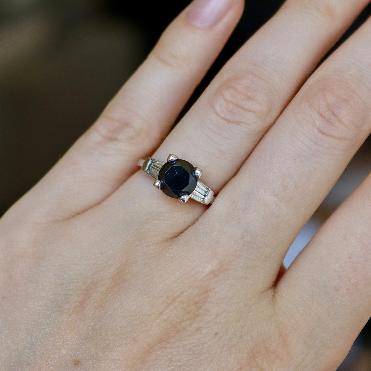 Platinum 2.00ct Black Diamond Solitaire Ring with White Tapered Baguettes