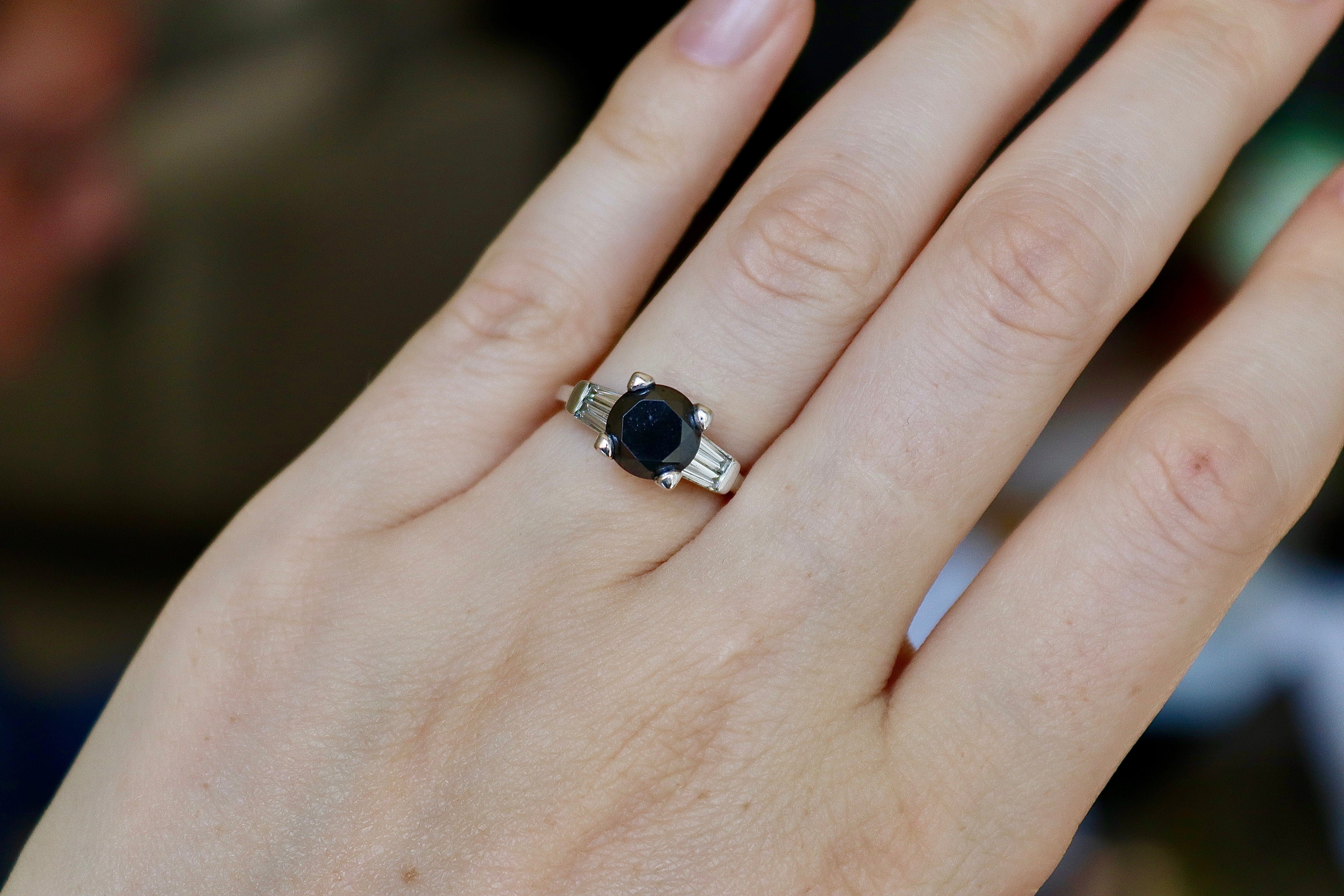 Platinum 2.00ct Black Diamond Solitaire Ring with White Tapered Baguettes