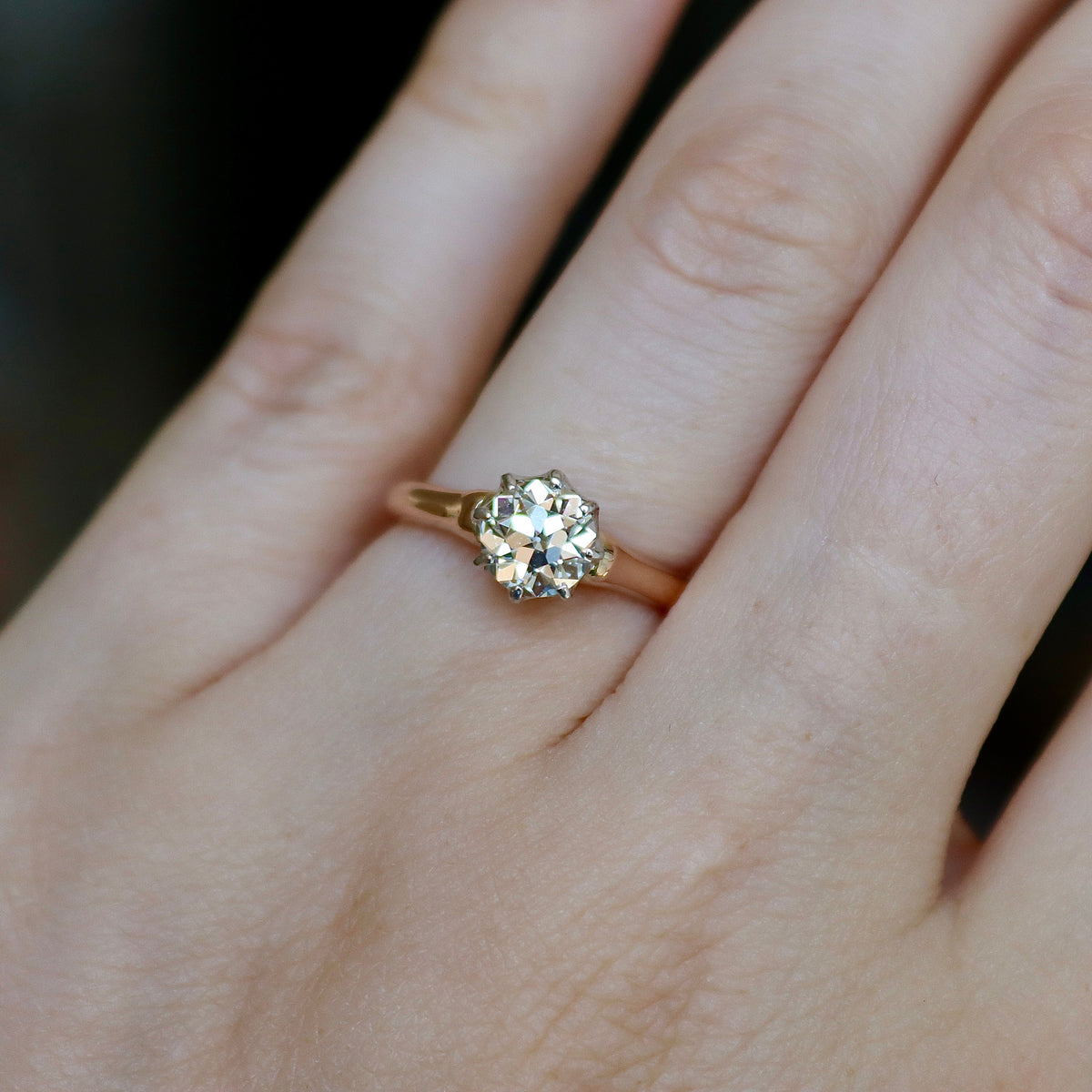 18ct Rose and White Gold Antique Style Old Cut Diamond Solitaire Ring