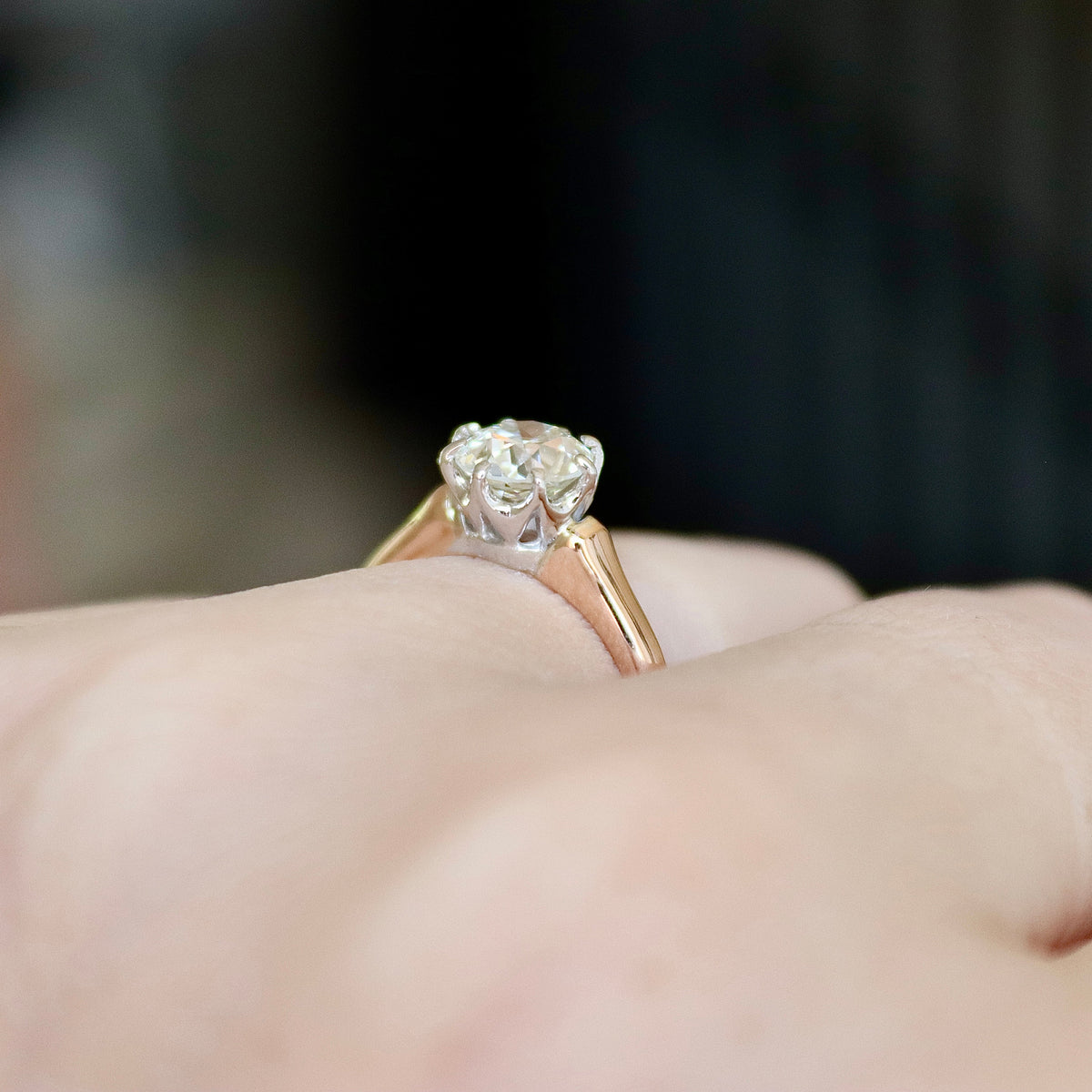 18ct Rose and White Gold Antique Style Old Cut Diamond Solitaire Ring