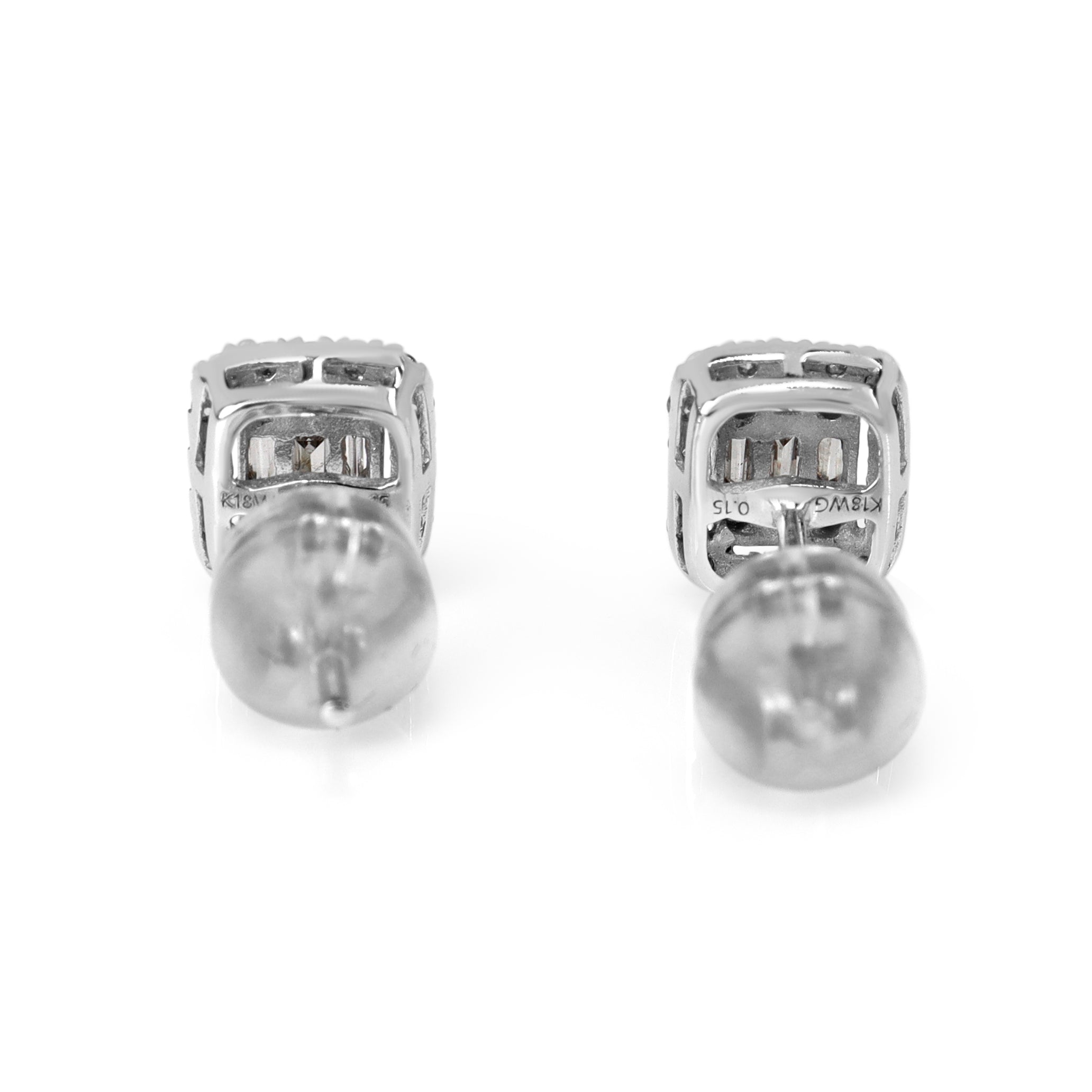 18ct White Gold Baguette and Round Diamond Halo Cluster Stud Earrings