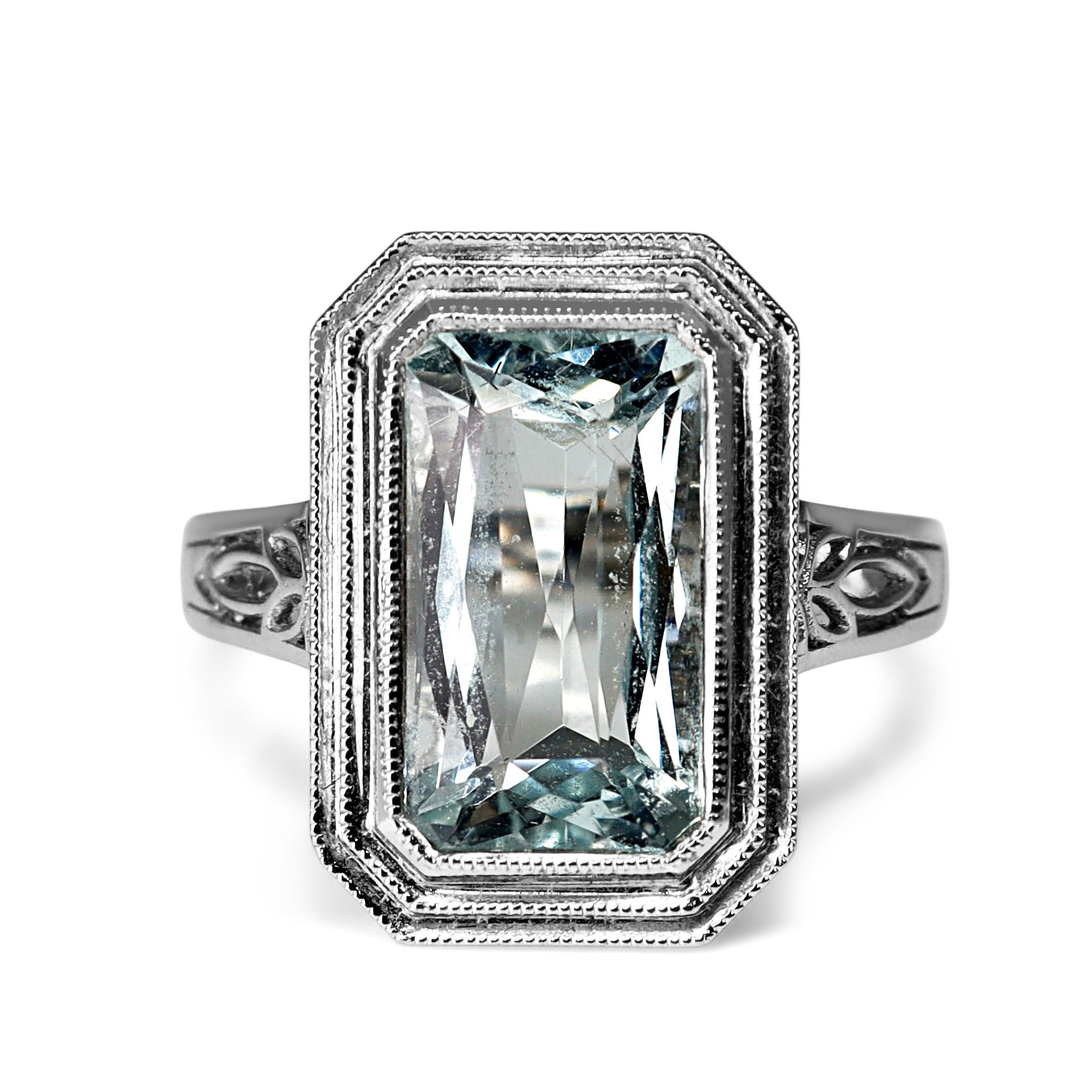 14ct White Gold Deco Style Millgrain and Filigree Aquamarine Ring