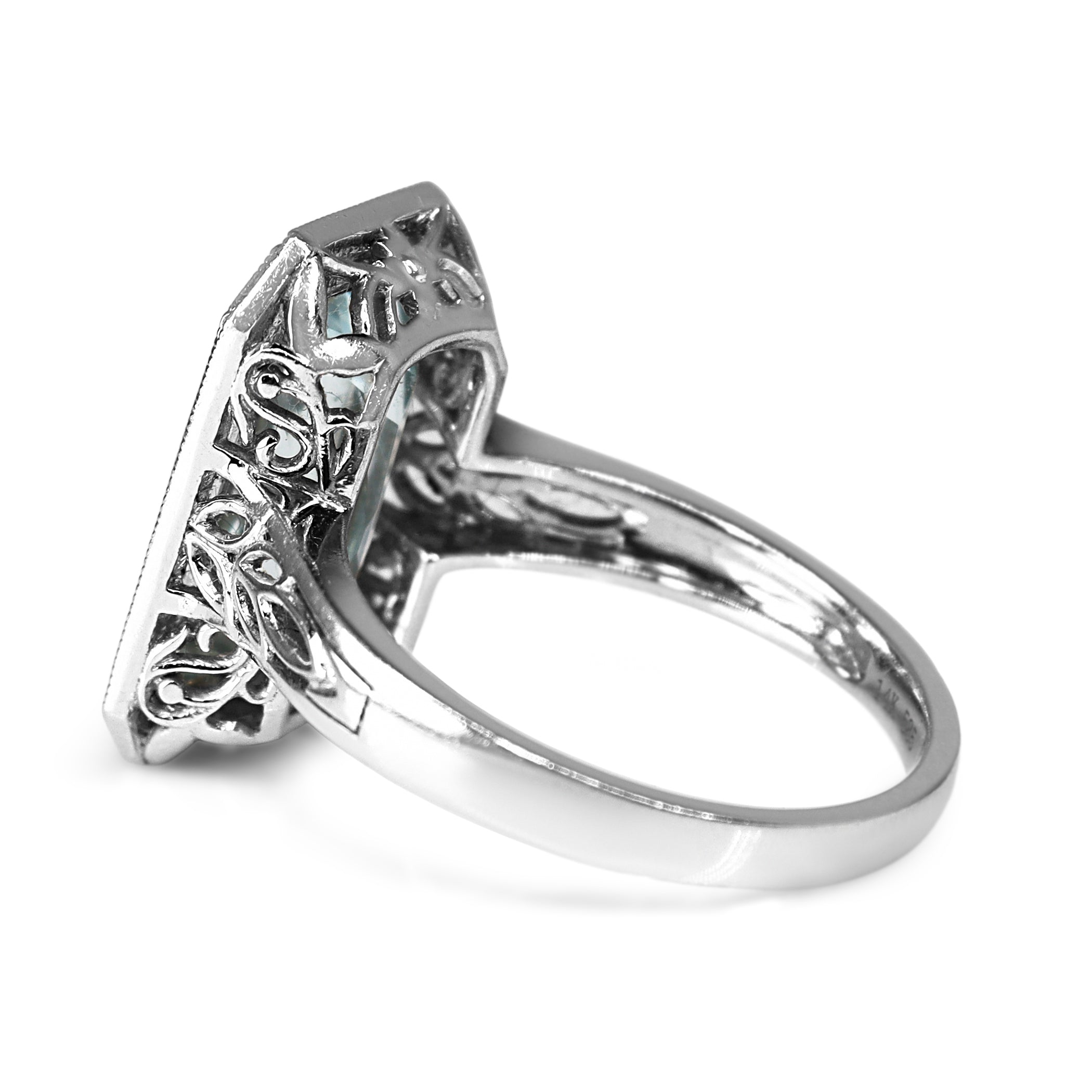 14ct White Gold Deco Style Millgrain and Filigree Aquamarine Ring