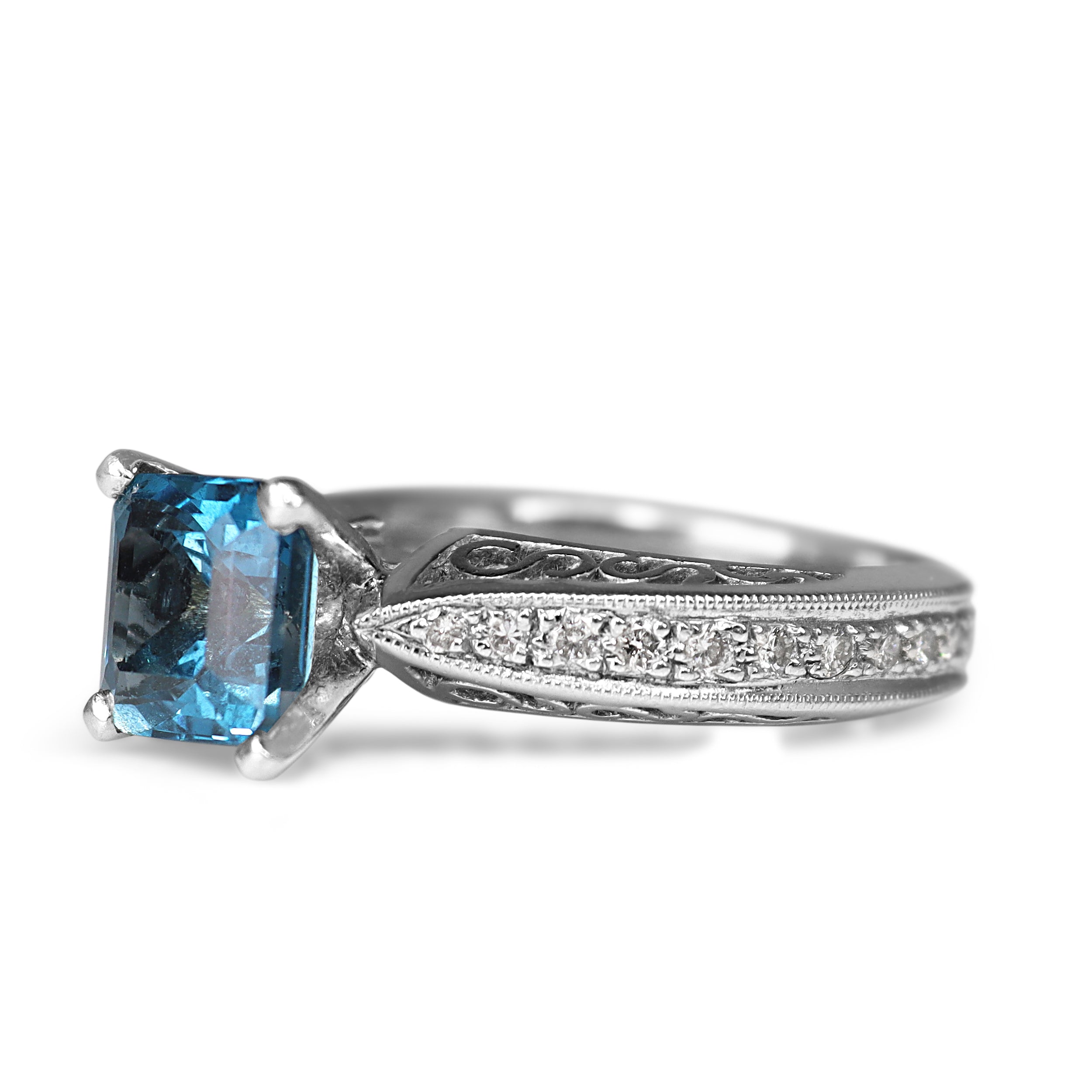 Platinum Blue Topaz and Diamond Solitaire Ring with Filigree