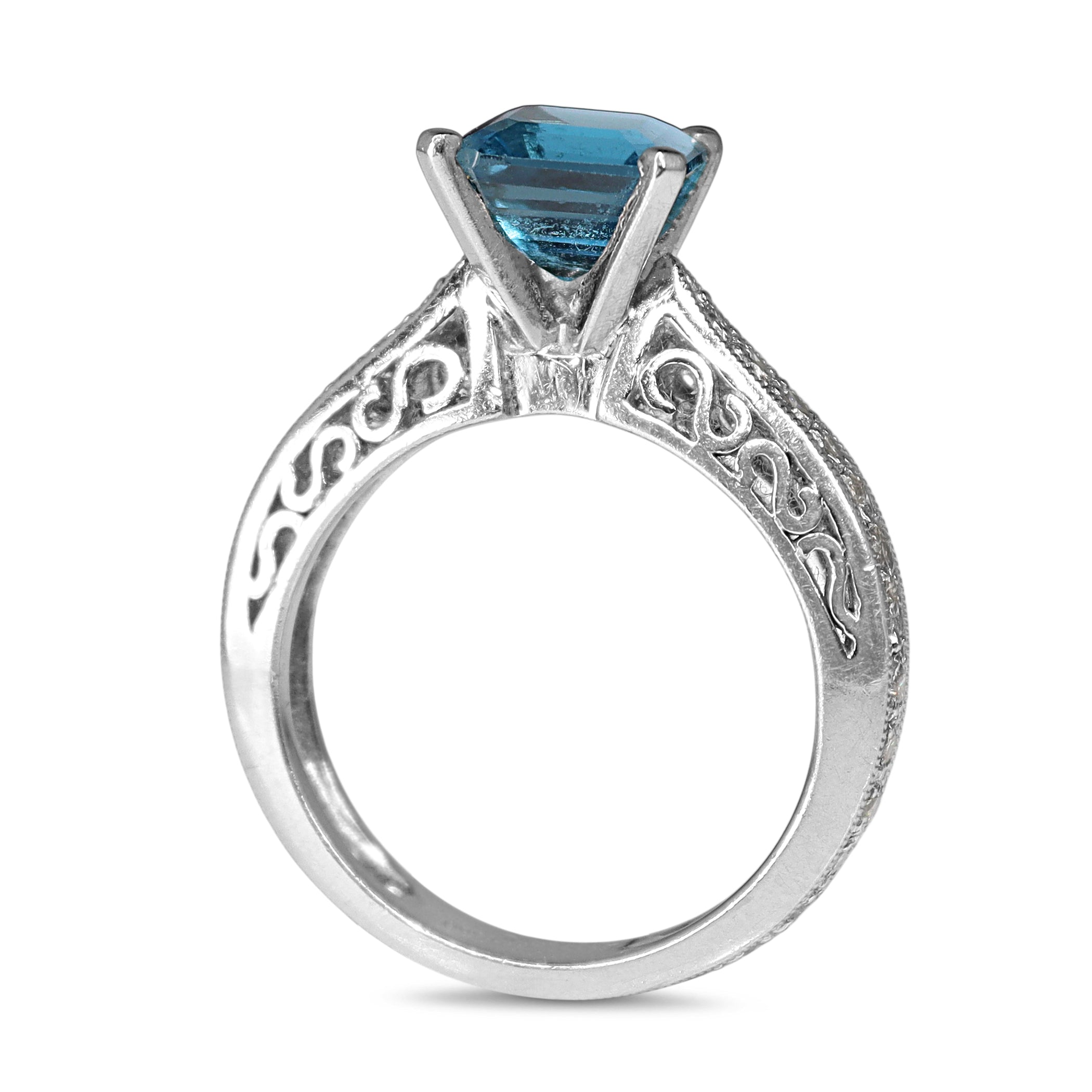 Platinum Blue Topaz and Diamond Solitaire Ring with Filigree
