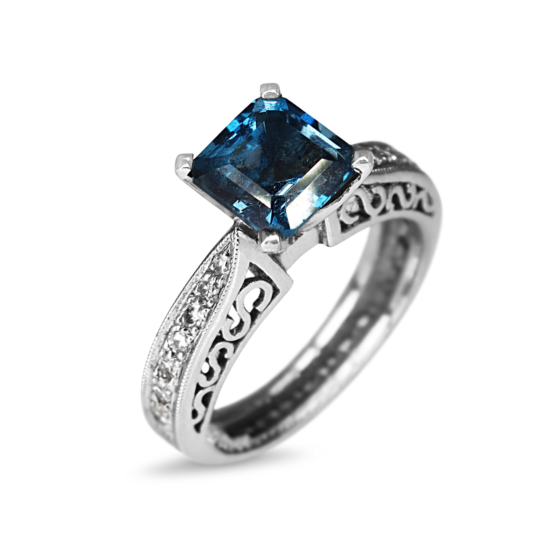 Platinum Blue Topaz and Diamond Solitaire Ring with Filigree