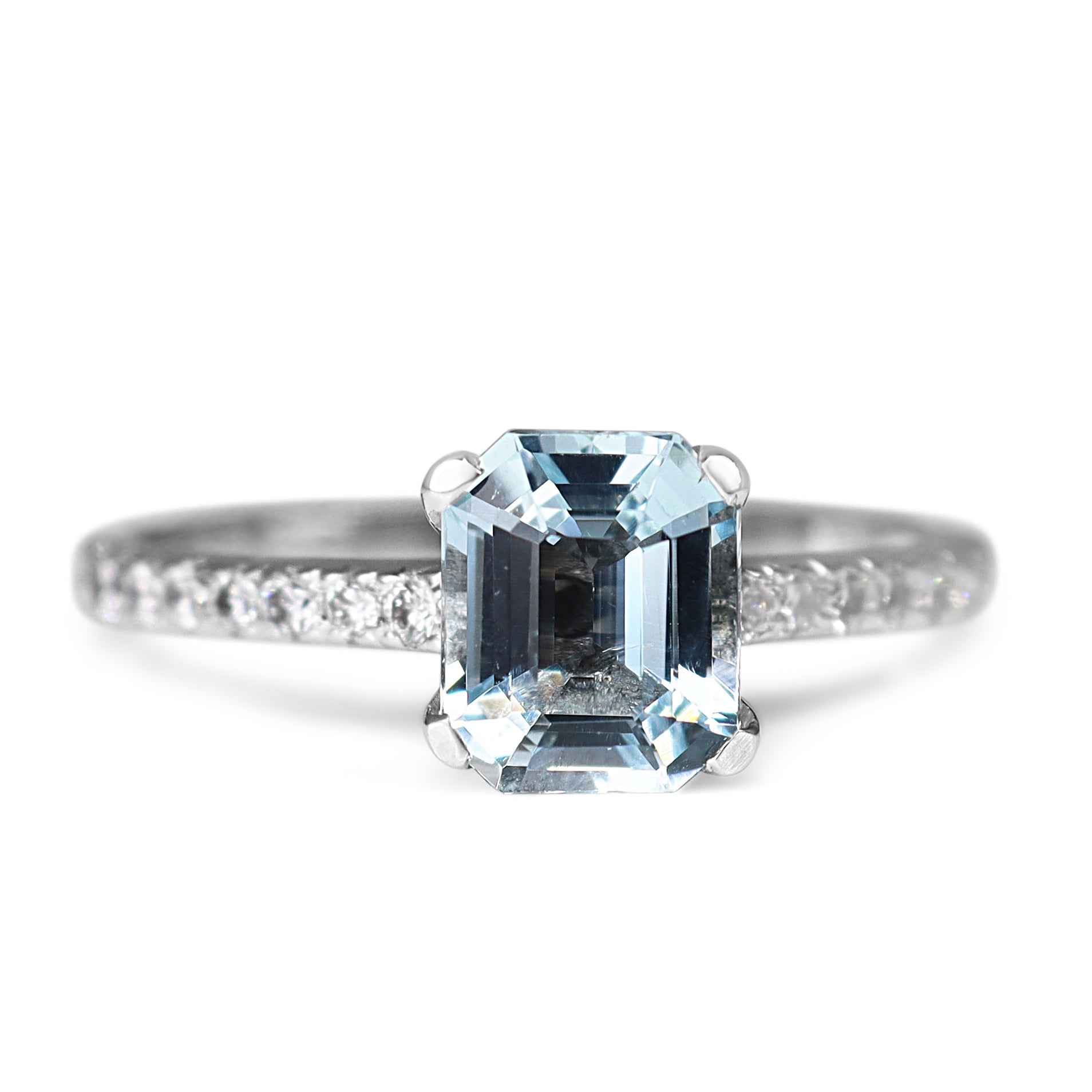 18ct White Gold Emerald Cut Aquamarine and Diamond Solitaire Ring