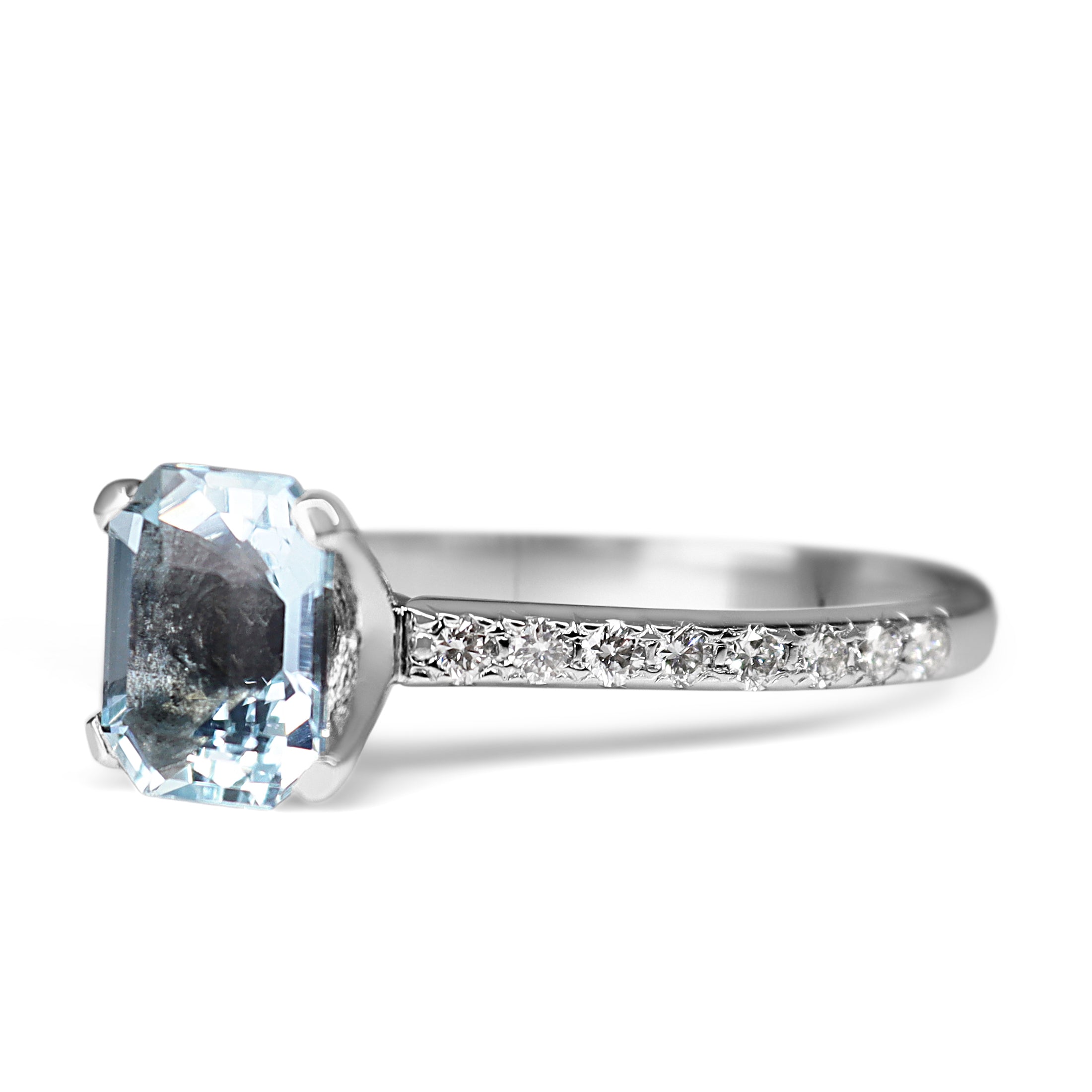 18ct White Gold Emerald Cut Aquamarine and Diamond Solitaire Ring