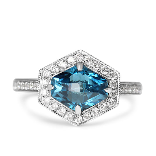 18ct White Gold Fancy Cut Topaz and Diamond Hexagon Halo Ring
