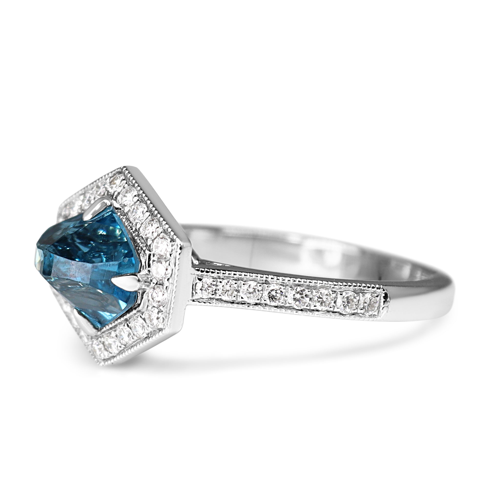 18ct White Gold Fancy Cut Topaz and Diamond Hexagon Halo Ring