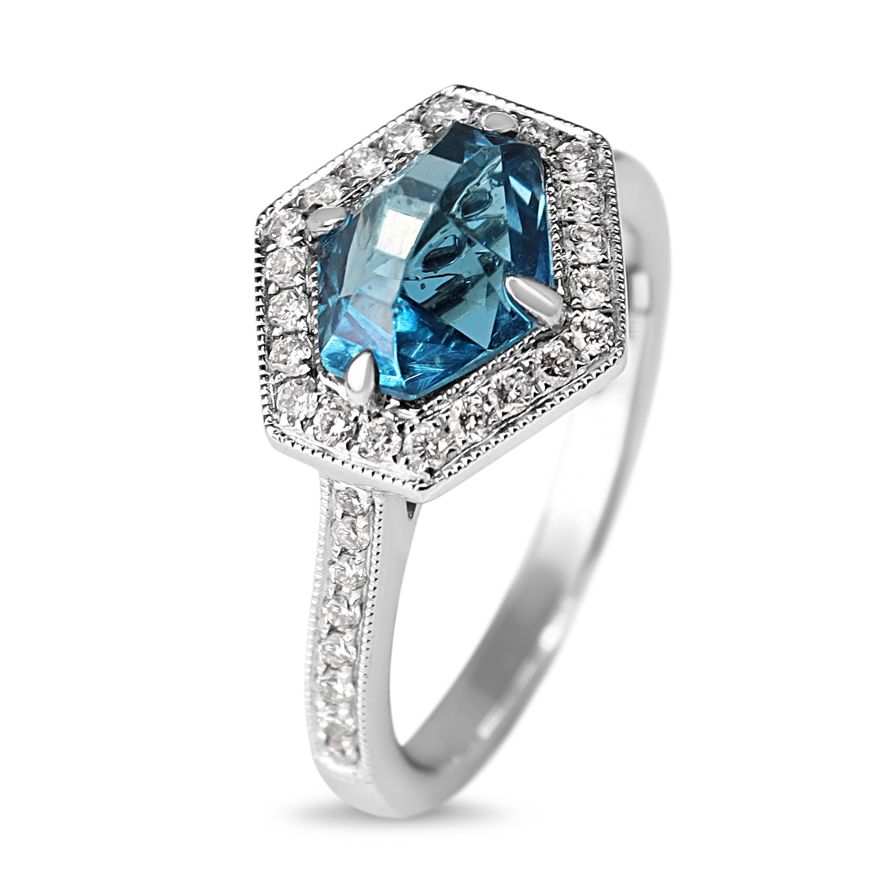 18ct White Gold Fancy Cut Topaz and Diamond Hexagon Halo Ring