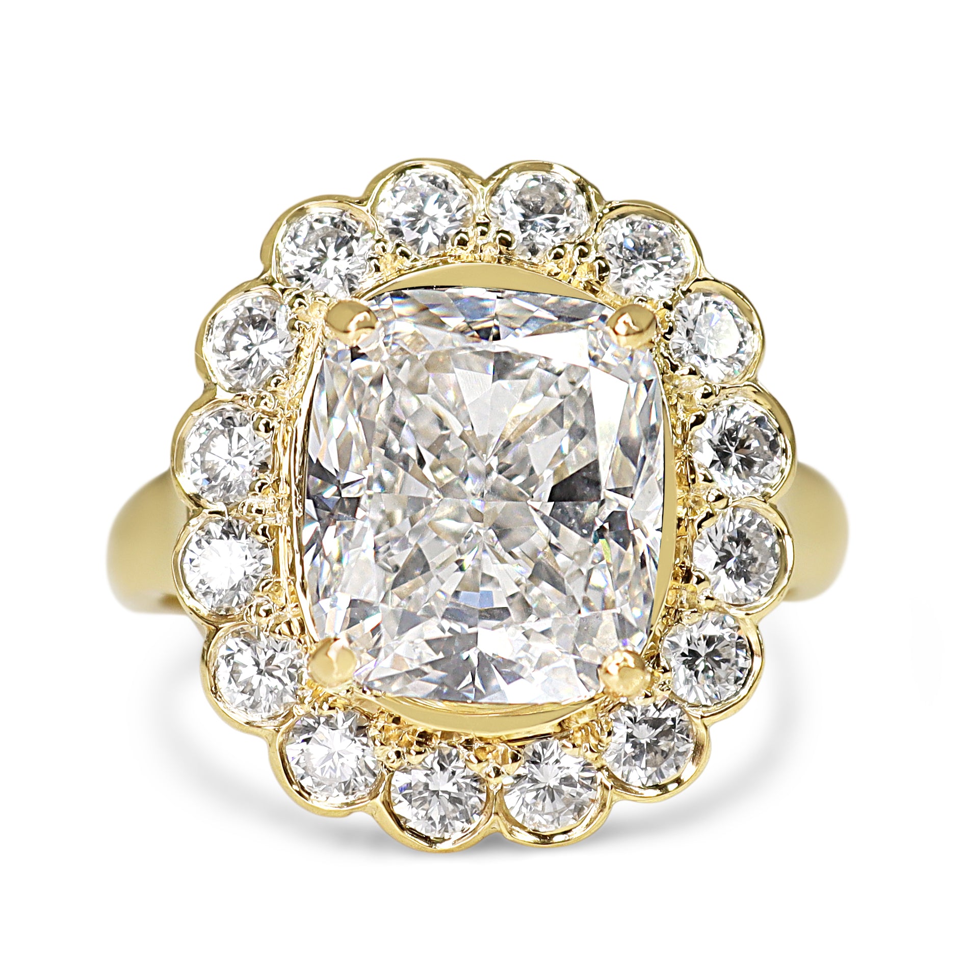 18ct Yellow Gold Lab Grown 5.03ct Cushion Cut Diamond Daisy Ring