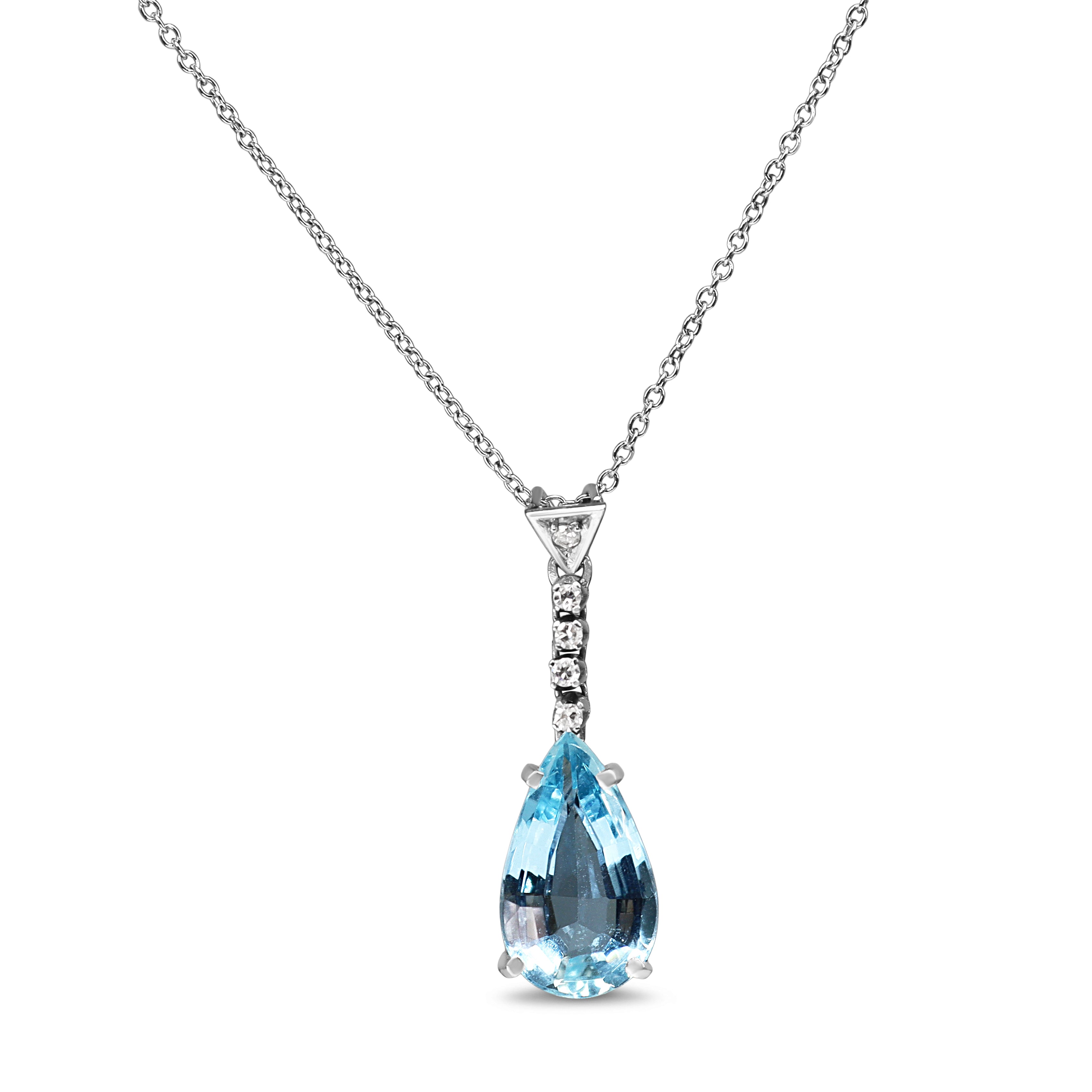 18ct White Gold Pear Aquamarine and Diamond Drop Necklace