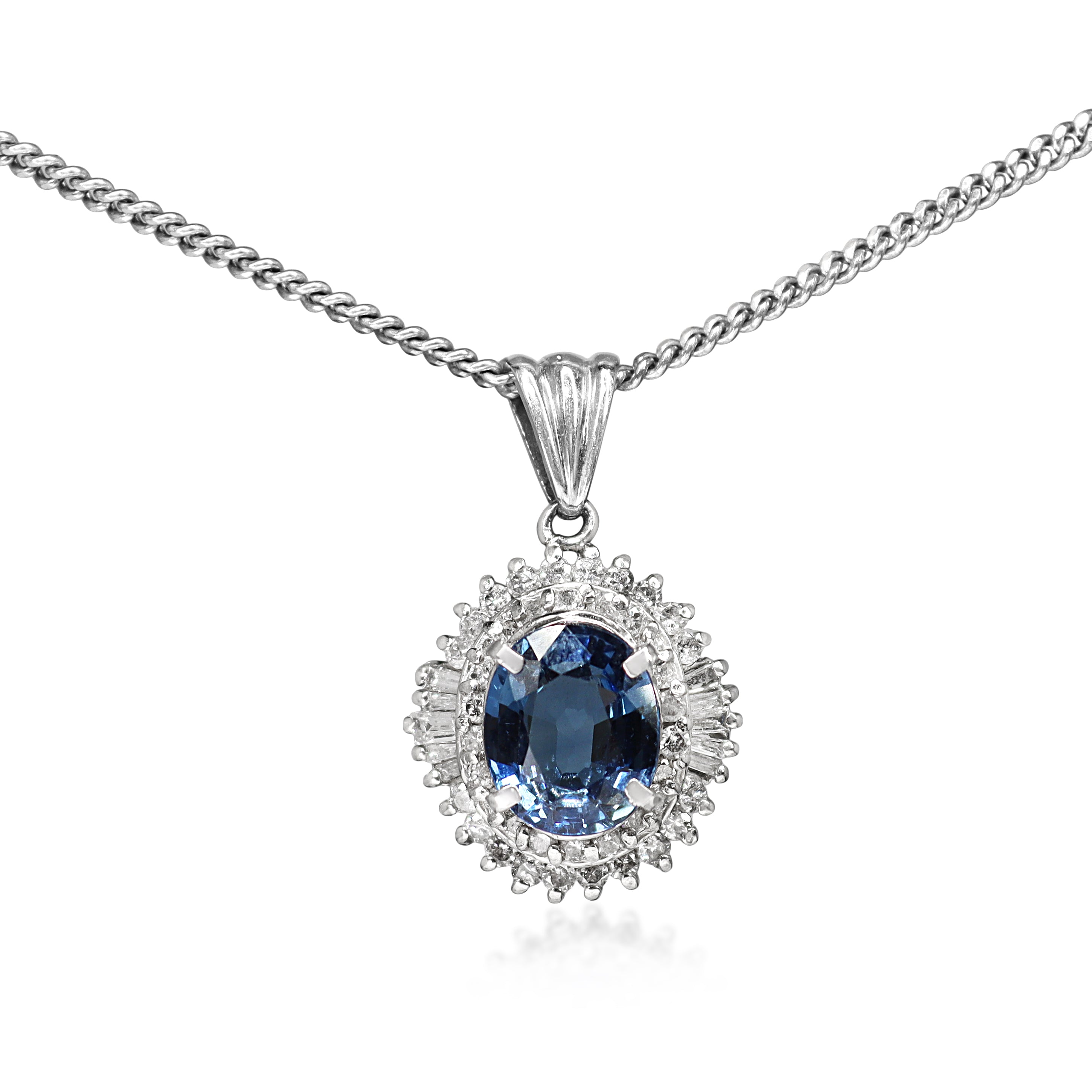 Platinum Sapphire and Baguette and Brilliant Cut Diamond Halo Pendant