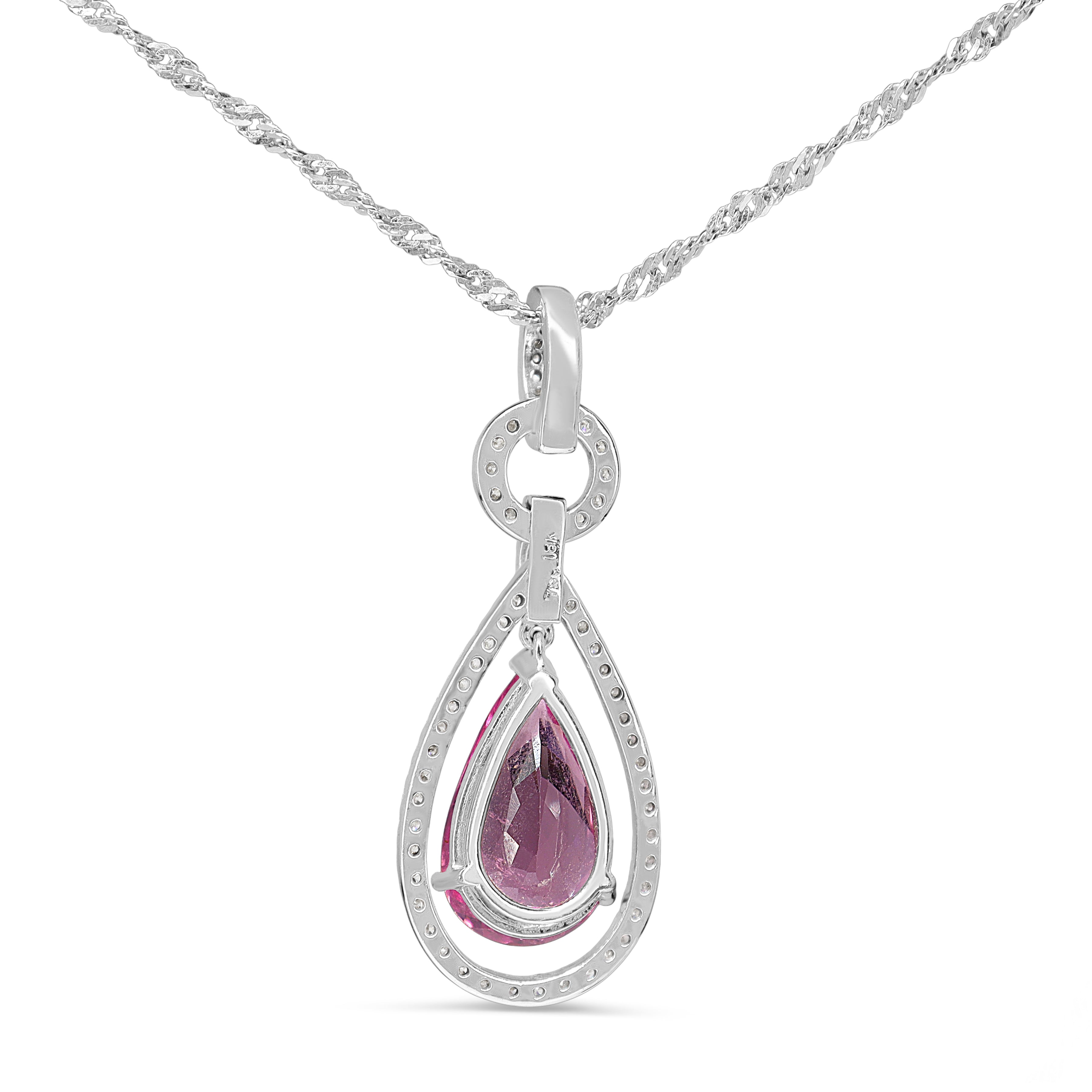 18ct White Gold Pink Tourmaline and Diamond Drop Halo Necklace