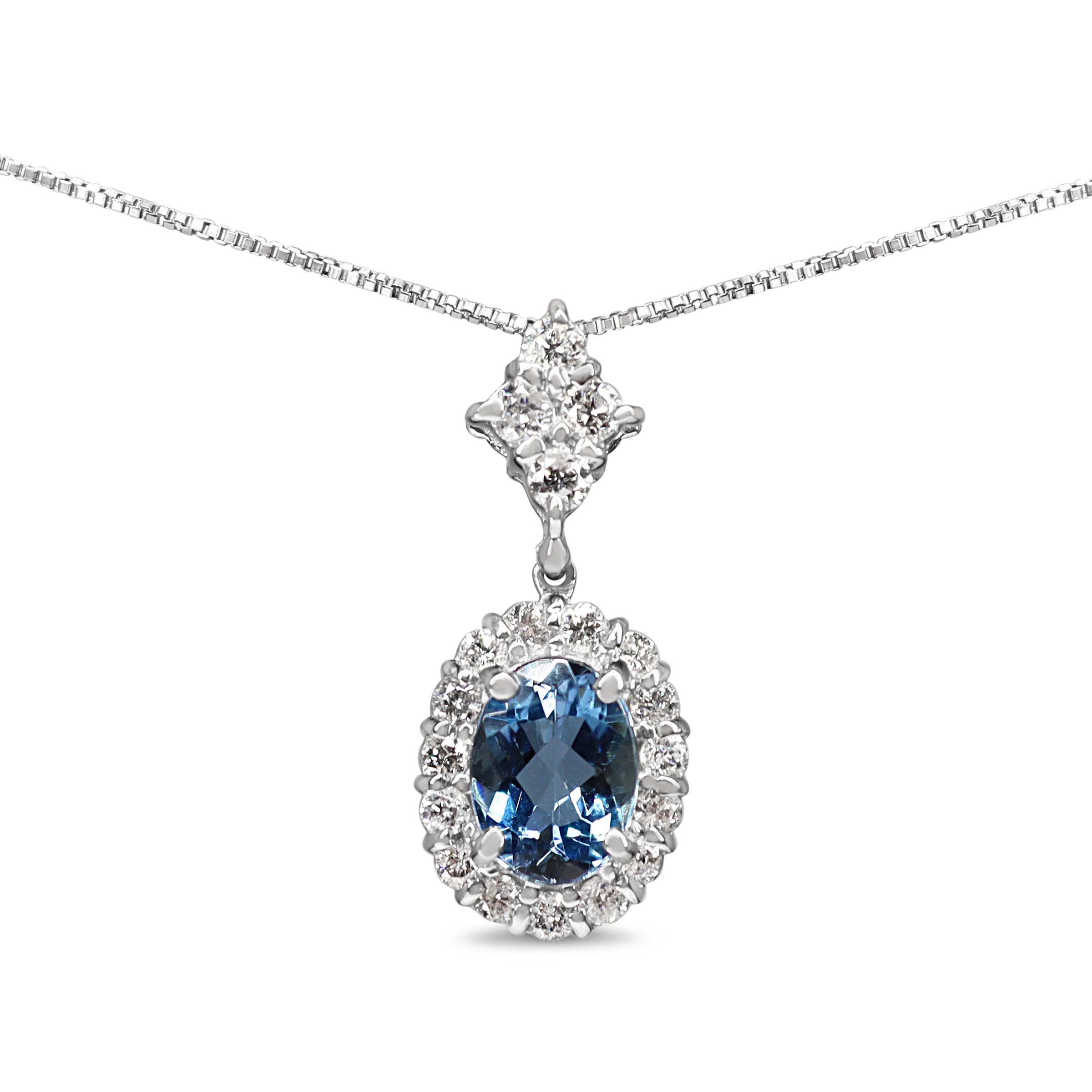 Platinum Aquamarine and Diamond Halo Necklace