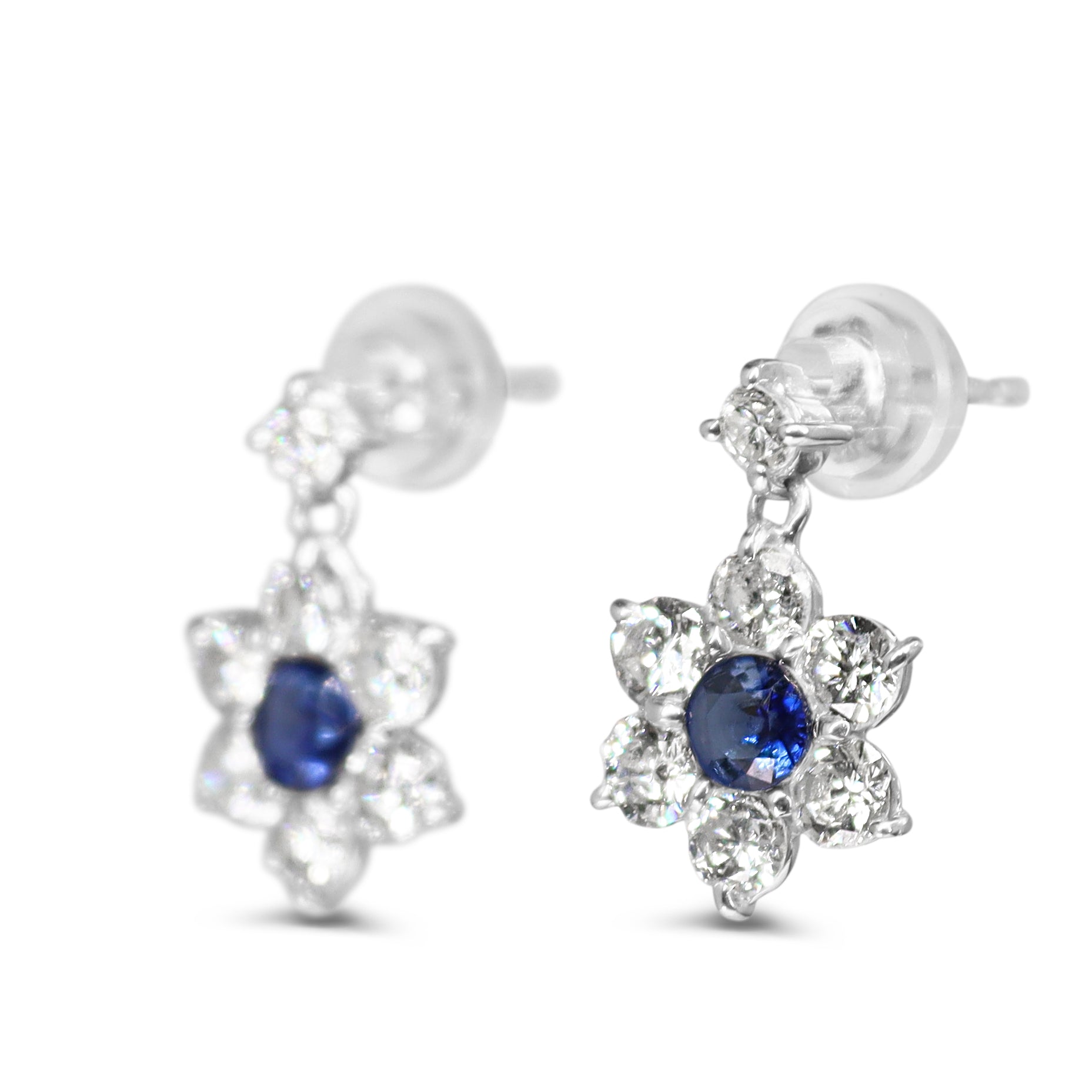 18ct White Gold Sapphire and Diamond Daisy Style Drop Earrings