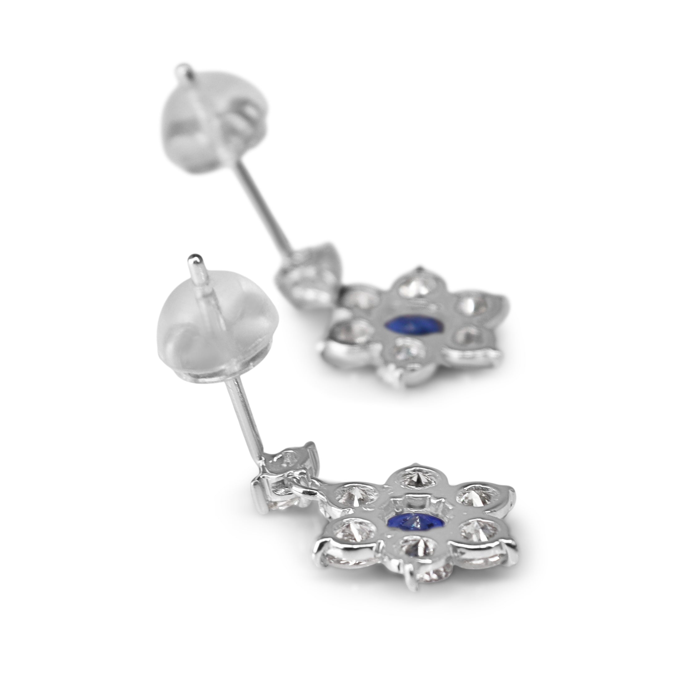 18ct White Gold Sapphire and Diamond Daisy Style Drop Earrings