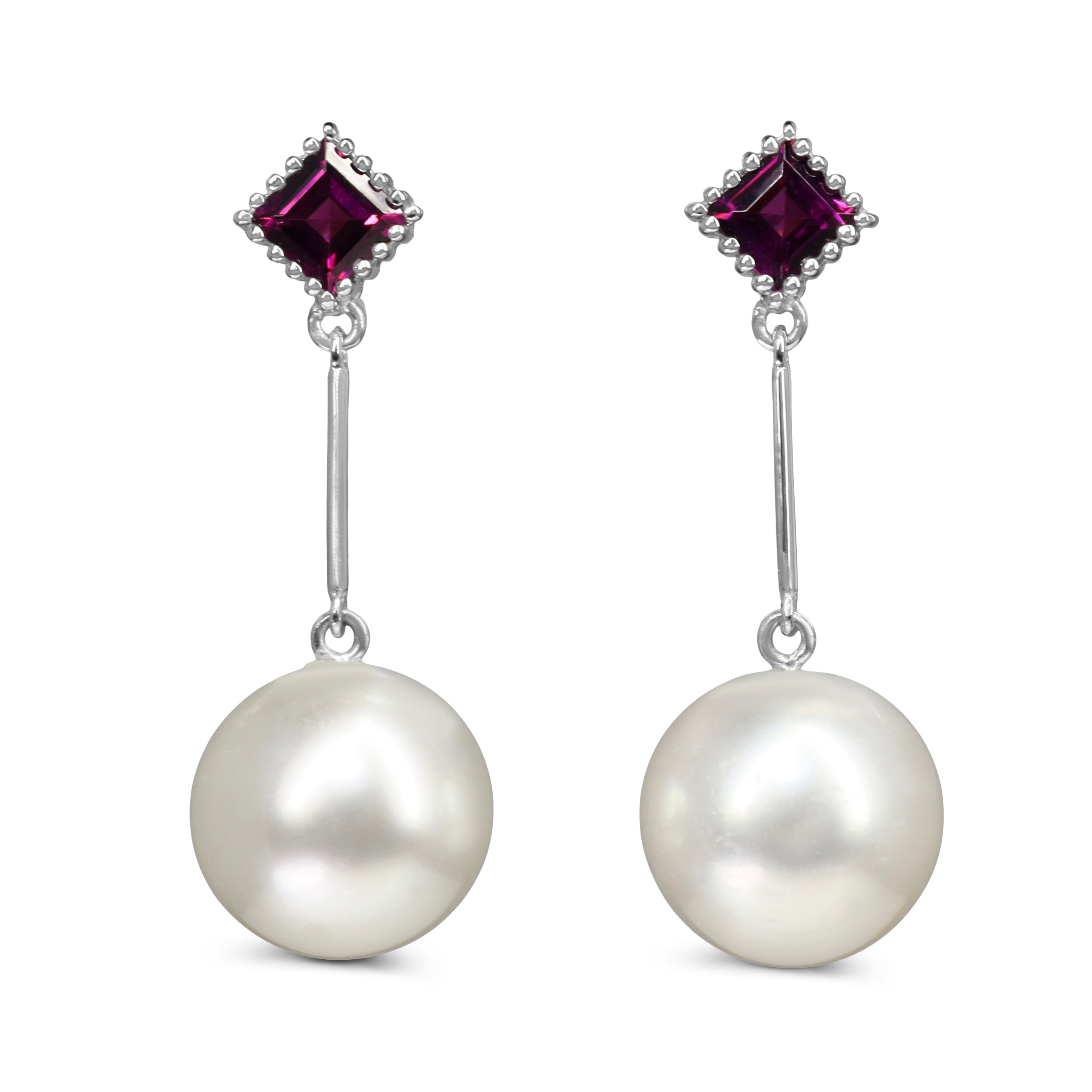 14ct White Gold 11mm South Sea Pearl and Rhodolite Garnet Earrings