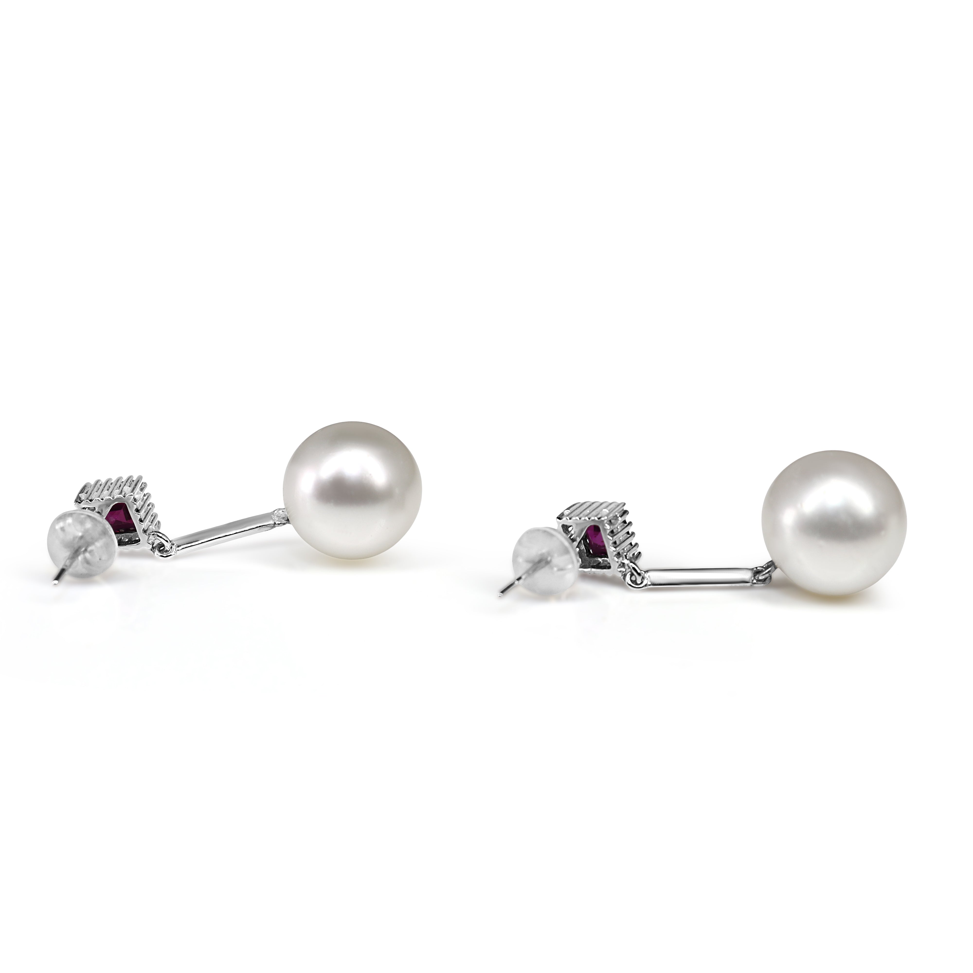 14ct White Gold 11mm South Sea Pearl and Rhodolite Garnet Earrings