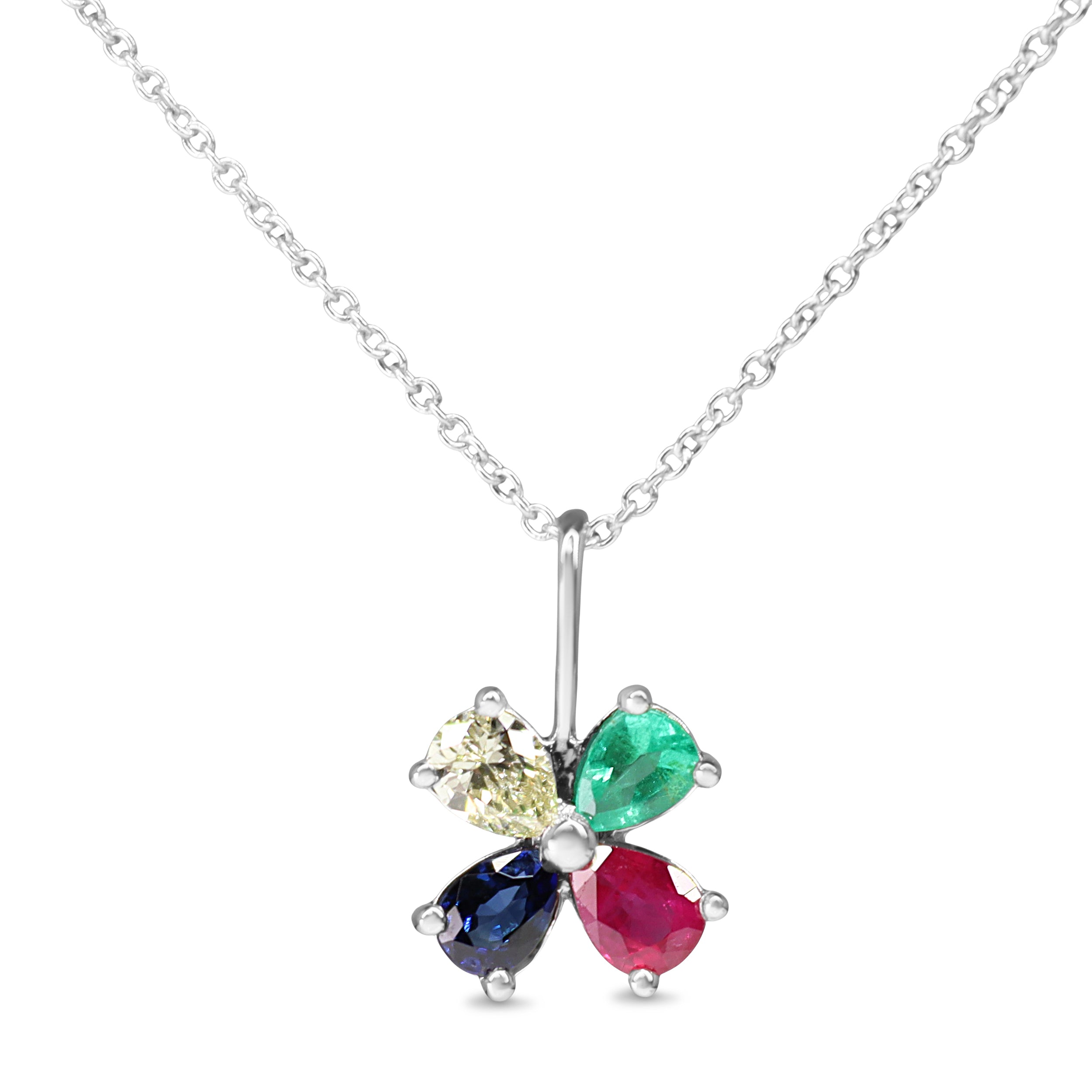 18ct White Gold Sapphire, Emerald, Diamond, Ruby Clover Necklace