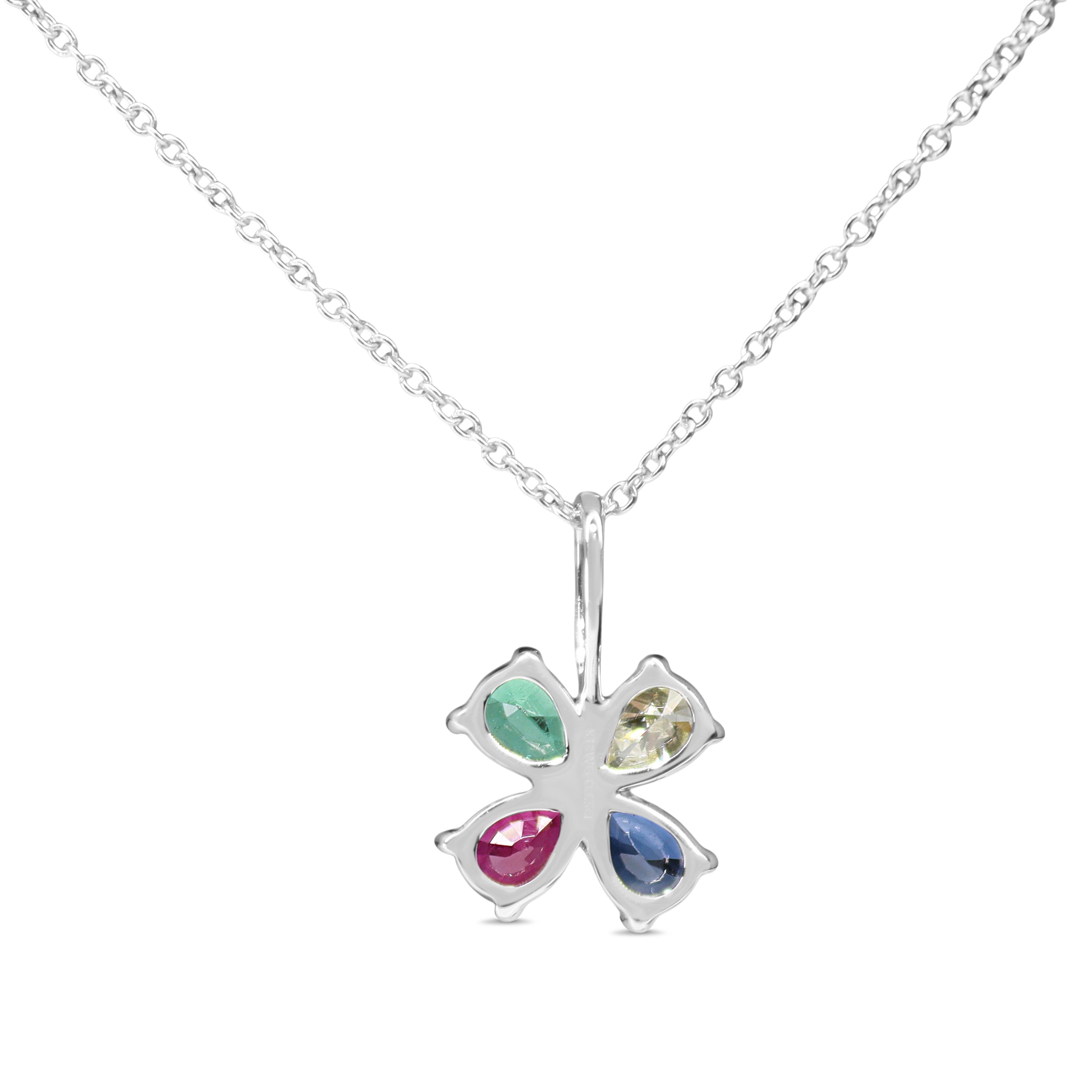 18ct White Gold Sapphire, Emerald, Diamond, Ruby Clover Necklace