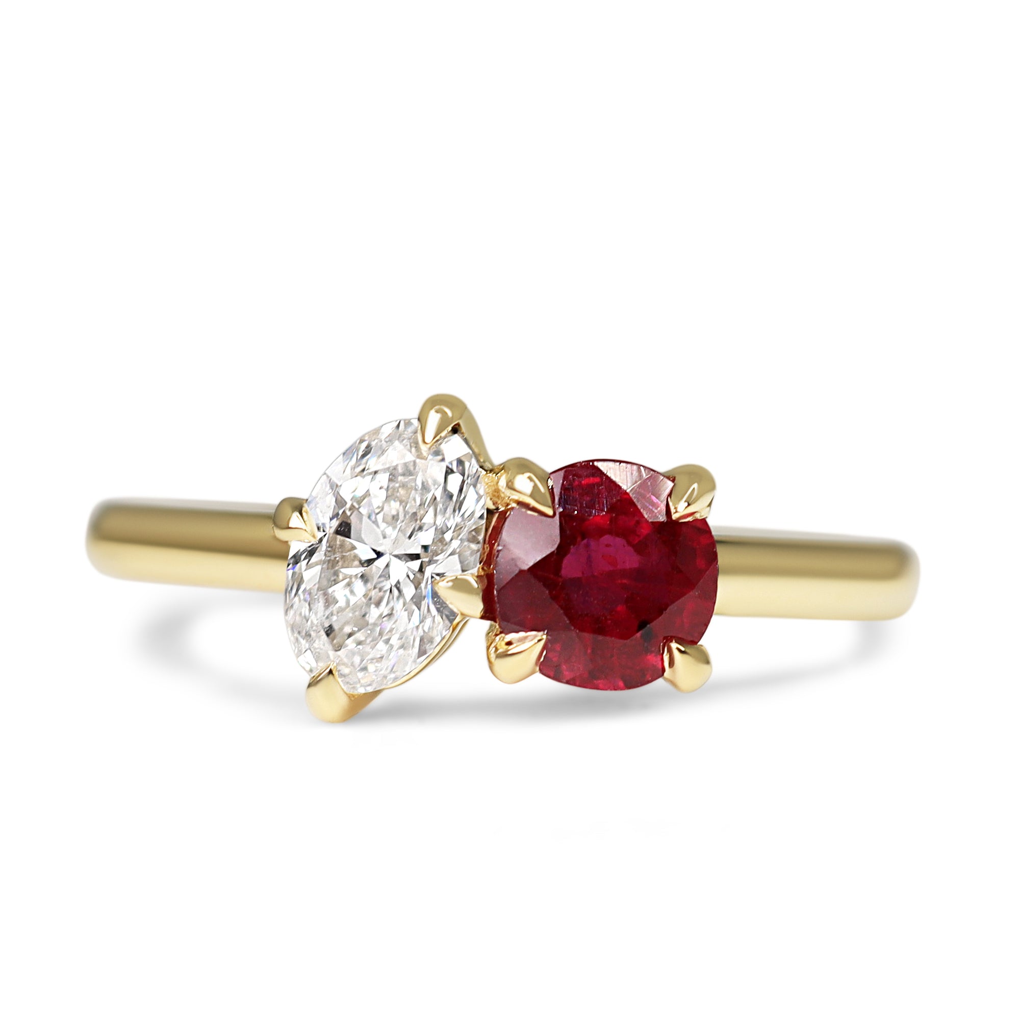 18ct Yellow Gold Ruby and Oval Diamond Moi et Toi Ring