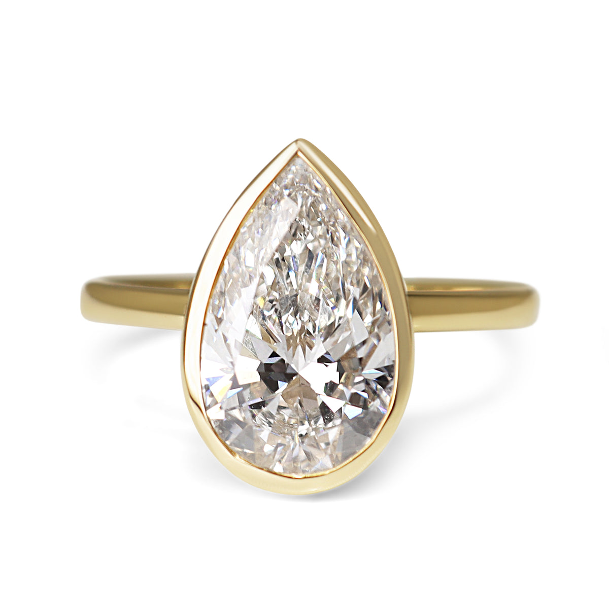 14ct Yellow Gold 3.01ct Lab Grown Bezel Set Pear Diamond Solitaire Ring