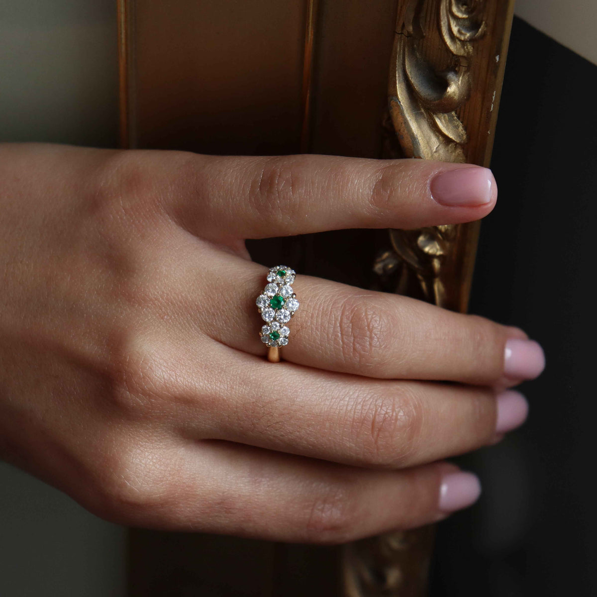 18ct Yellow Gold Emerald and Diamond Triple Daisy Style Ring