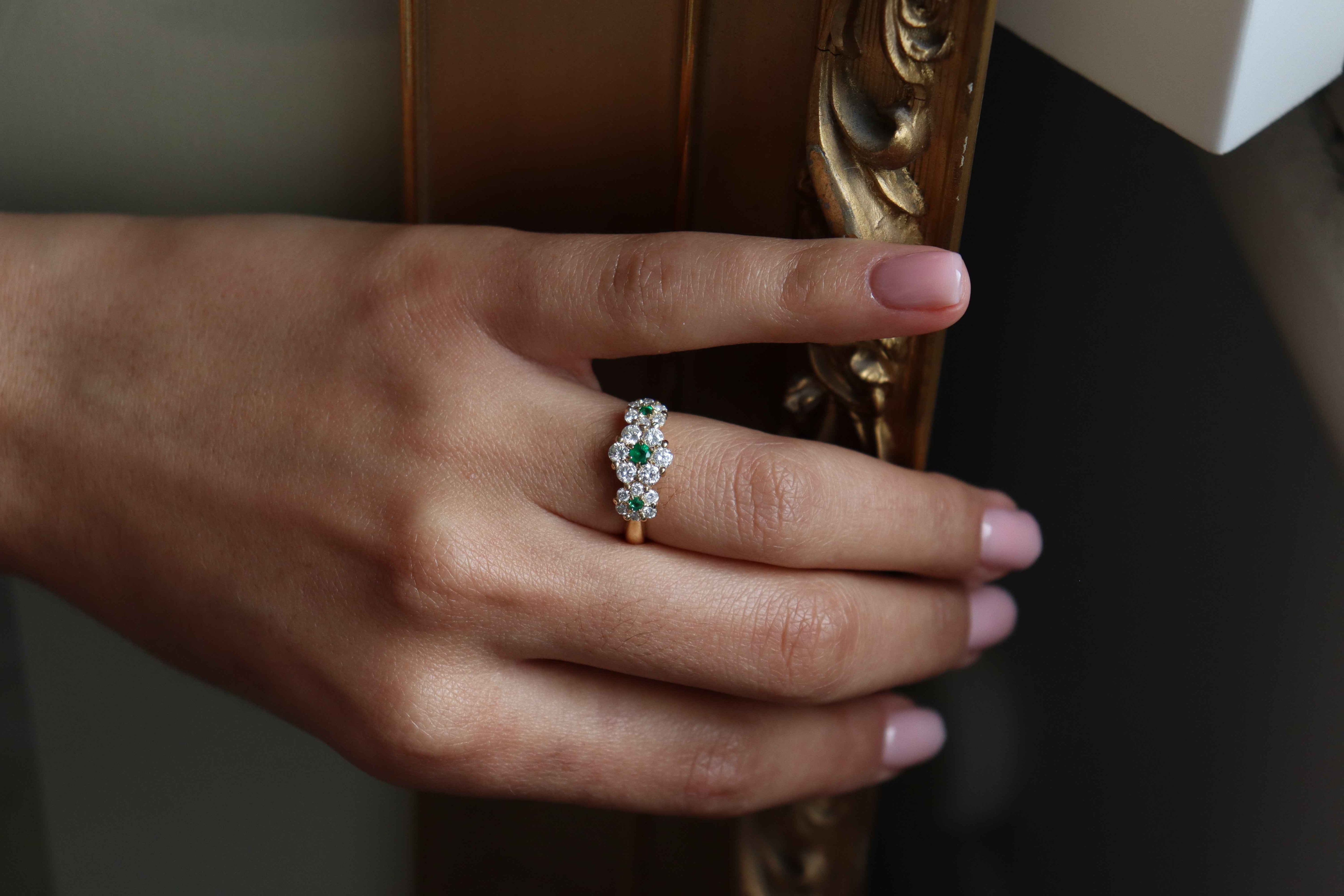 18ct Yellow Gold Emerald and Diamond Triple Daisy Style Ring
