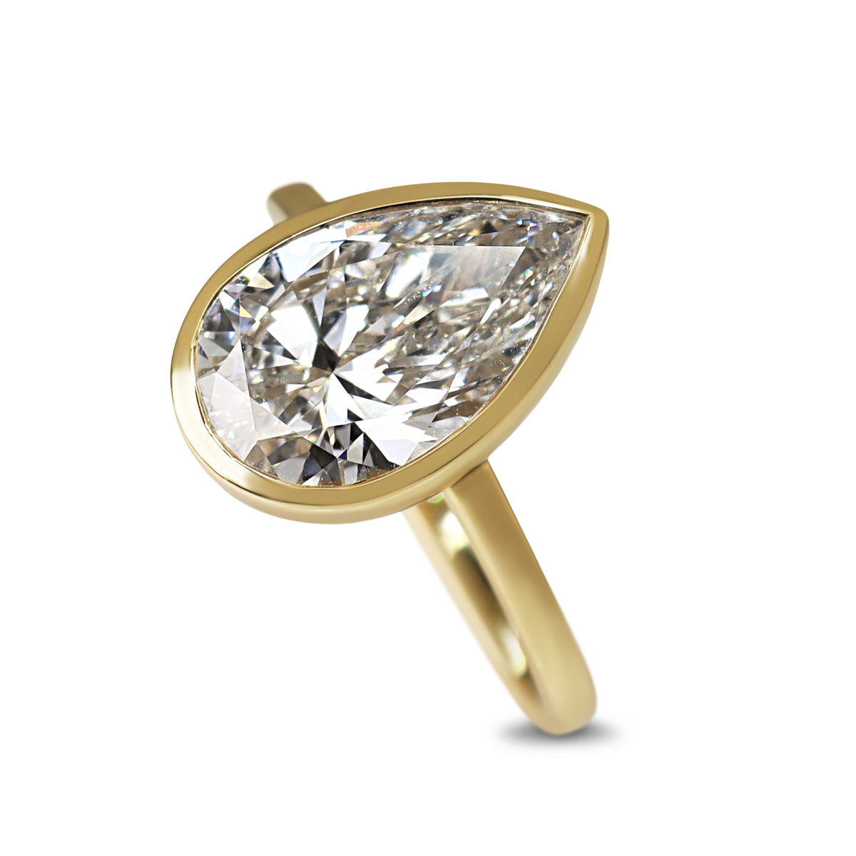 14ct Yellow Gold 3.01ct Lab Grown Bezel Set Pear Diamond Solitaire Ring