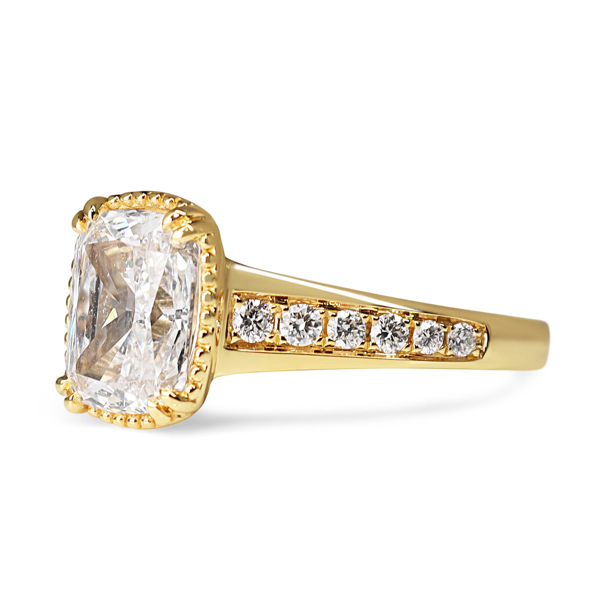 18ct Yellow Gold Lab Grown 2.01ct Cushion and Millgrain Diamond Ring