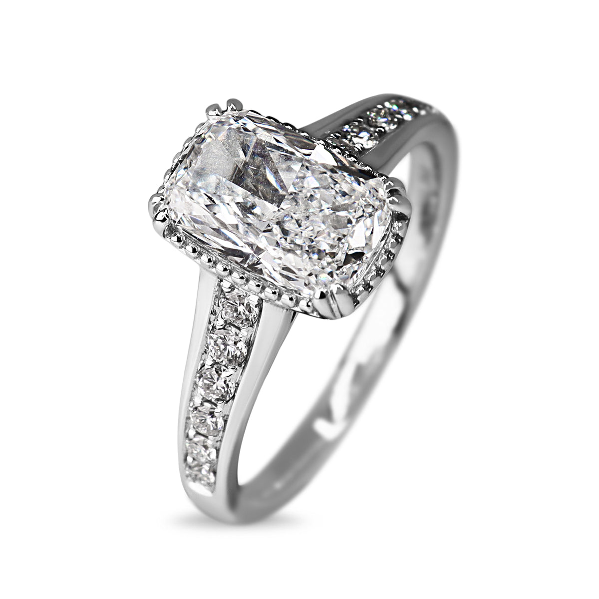18ct White Gold Lab Grown 2.04ct Cushion and Millgrain Diamond Ring