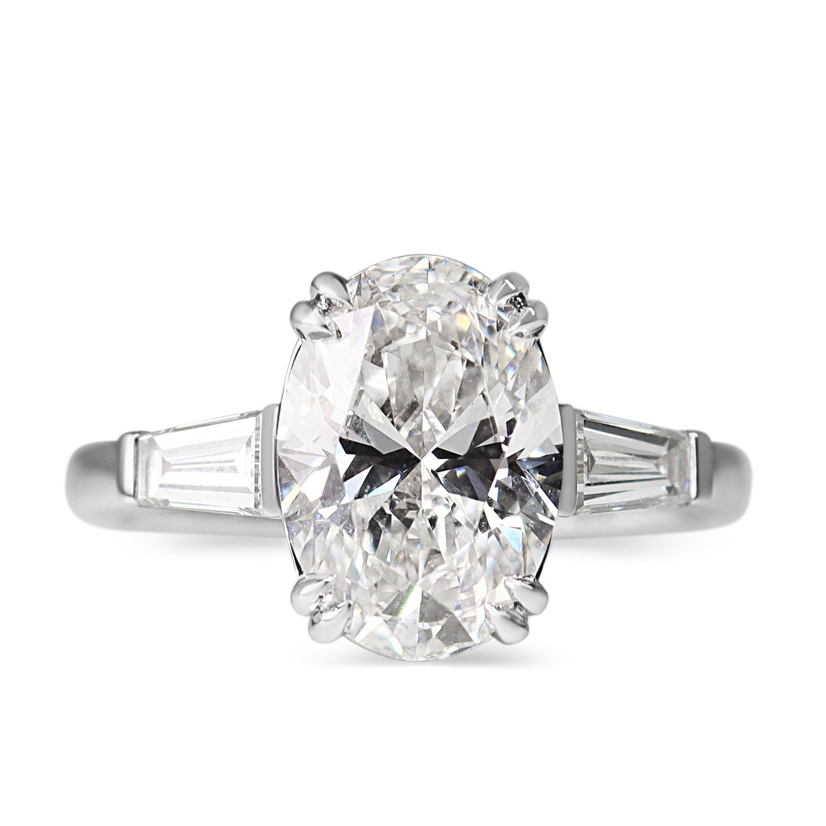 14ct White Gold 3.01ct Lab Grown Oval Diamond and Tapered Baguette 3 Stone Ring