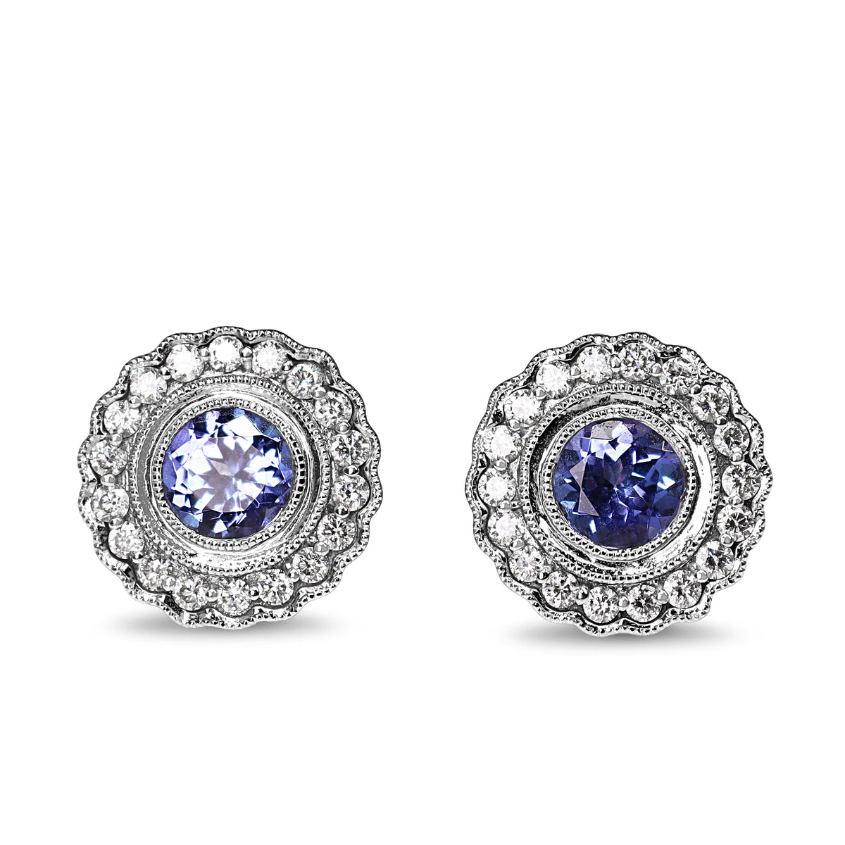 9ct White Gold Tanzanite and Diamond Daisy Style Halo Stud Earrings