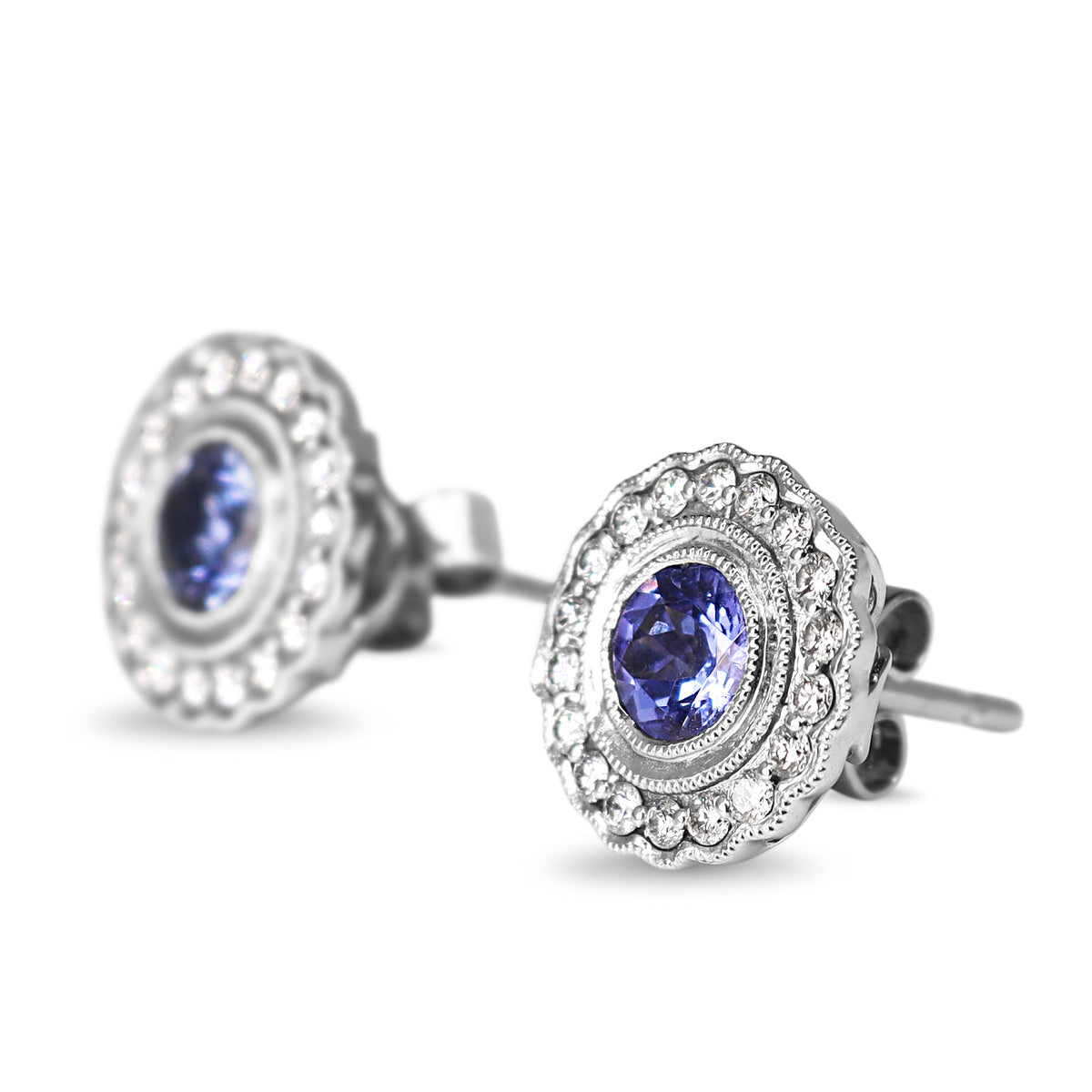 9ct White Gold Tanzanite and Diamond Daisy Style Halo Stud Earrings