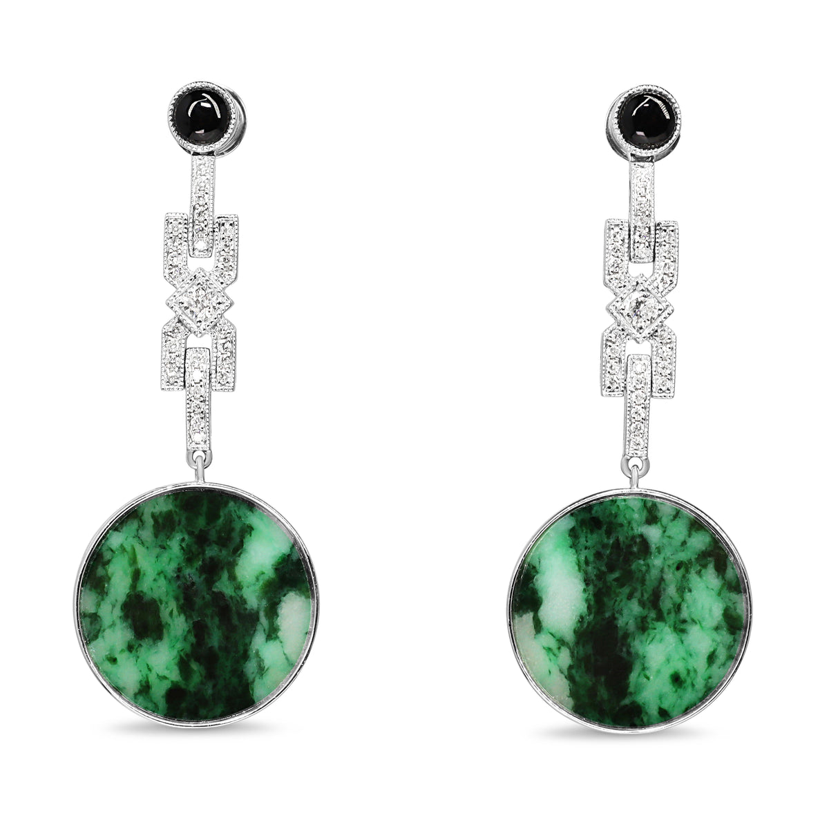 14ct White Gold Art Deco Style Jade, Onyx and Diamond Drop Earrings