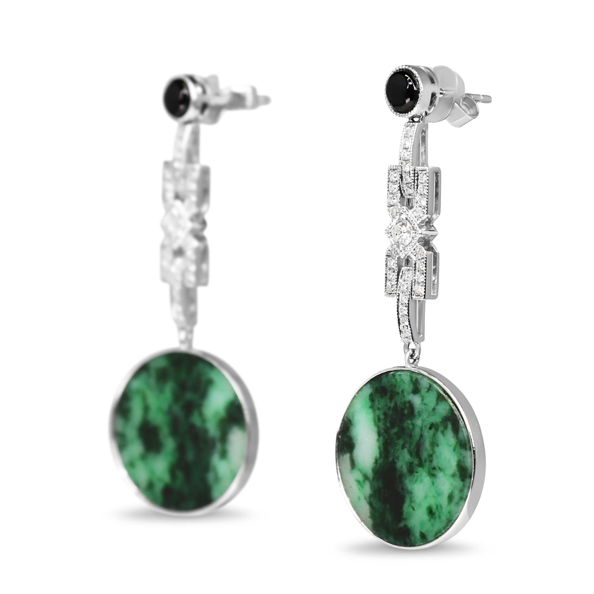 14ct White Gold Art Deco Style Jade, Onyx and Diamond Drop Earrings
