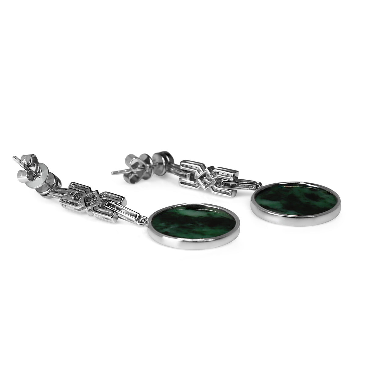 14ct White Gold Art Deco Style Jade, Onyx and Diamond Drop Earrings