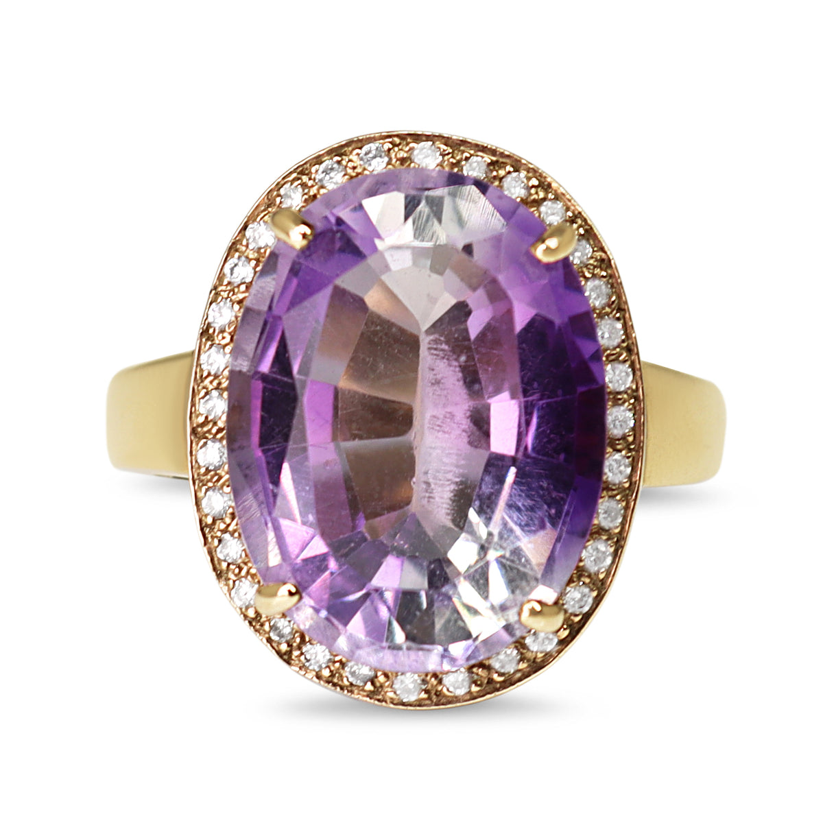 9ct Yellow Gold Oval Amethyst and Diamond Halo Ring