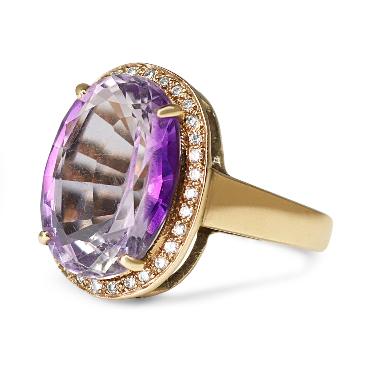 9ct Yellow Gold Oval Amethyst and Diamond Halo Ring