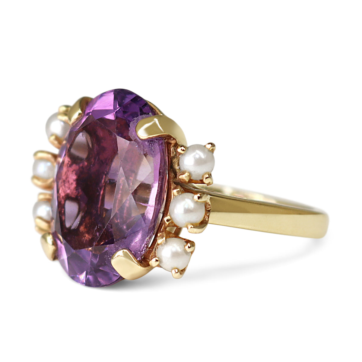 14ct Yellow Gold Amethyst and Pearl Vintage Ring