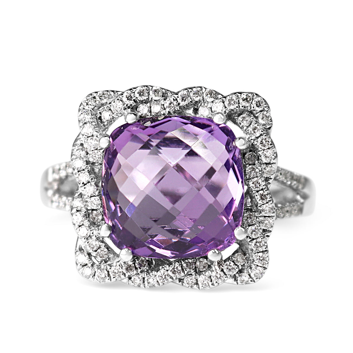 9ct White Gold Faceted Amethyst and Twist Diamond Halo Ring